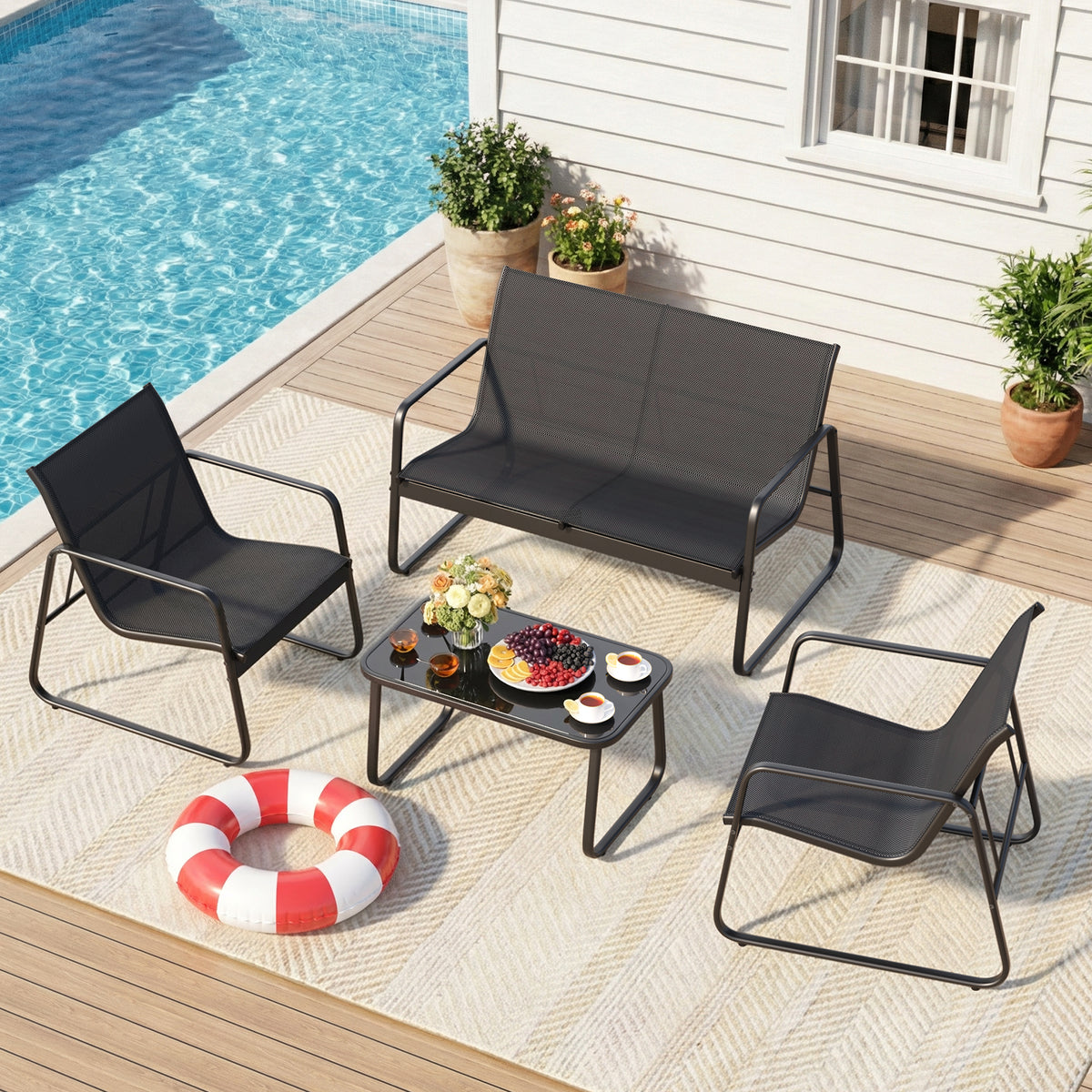 Gizoon 4-Piece Outdoor Wicker Patio Furniture Set, Loveseat and 2 Chai