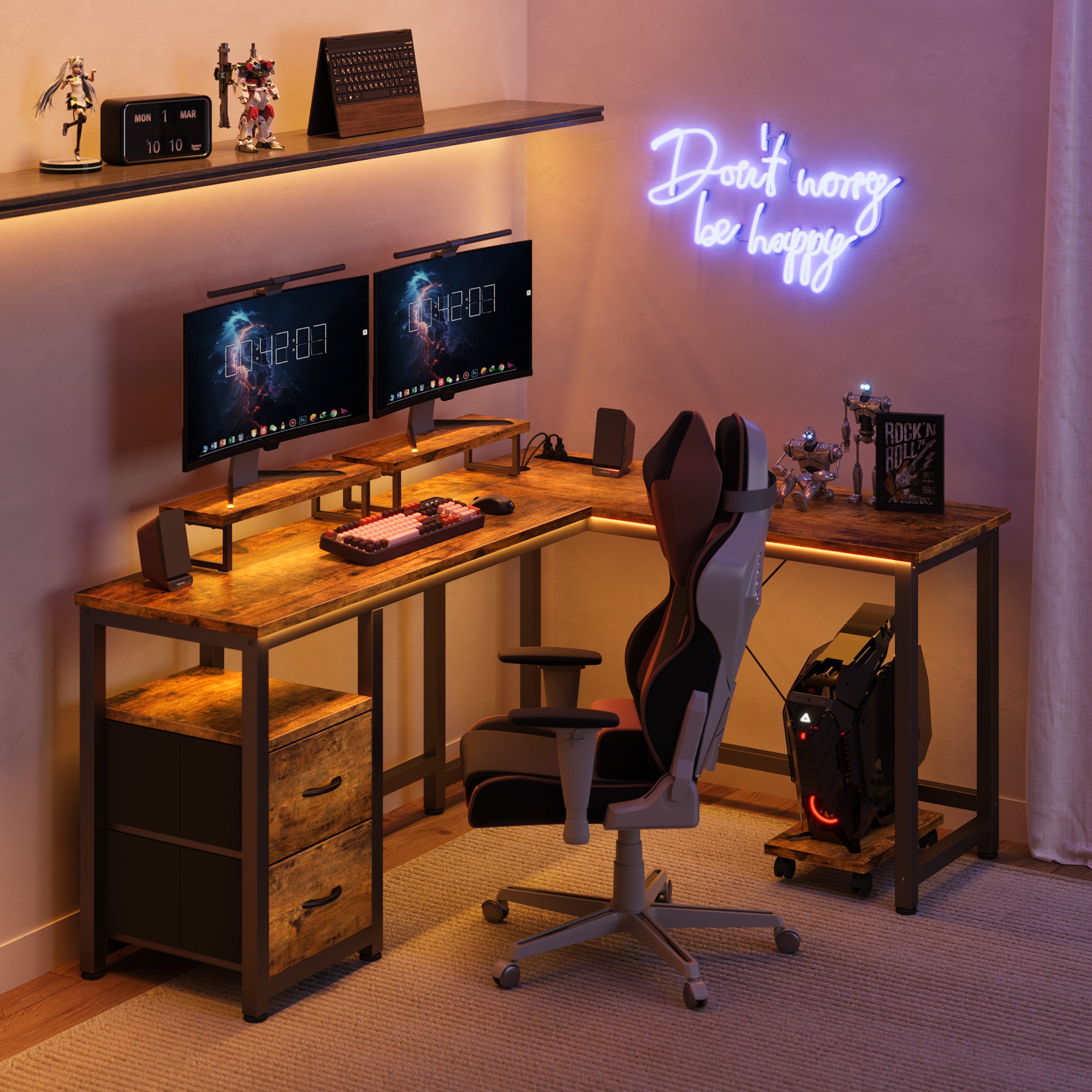 66" L Shaped Desk with Drawers & Power Outlets