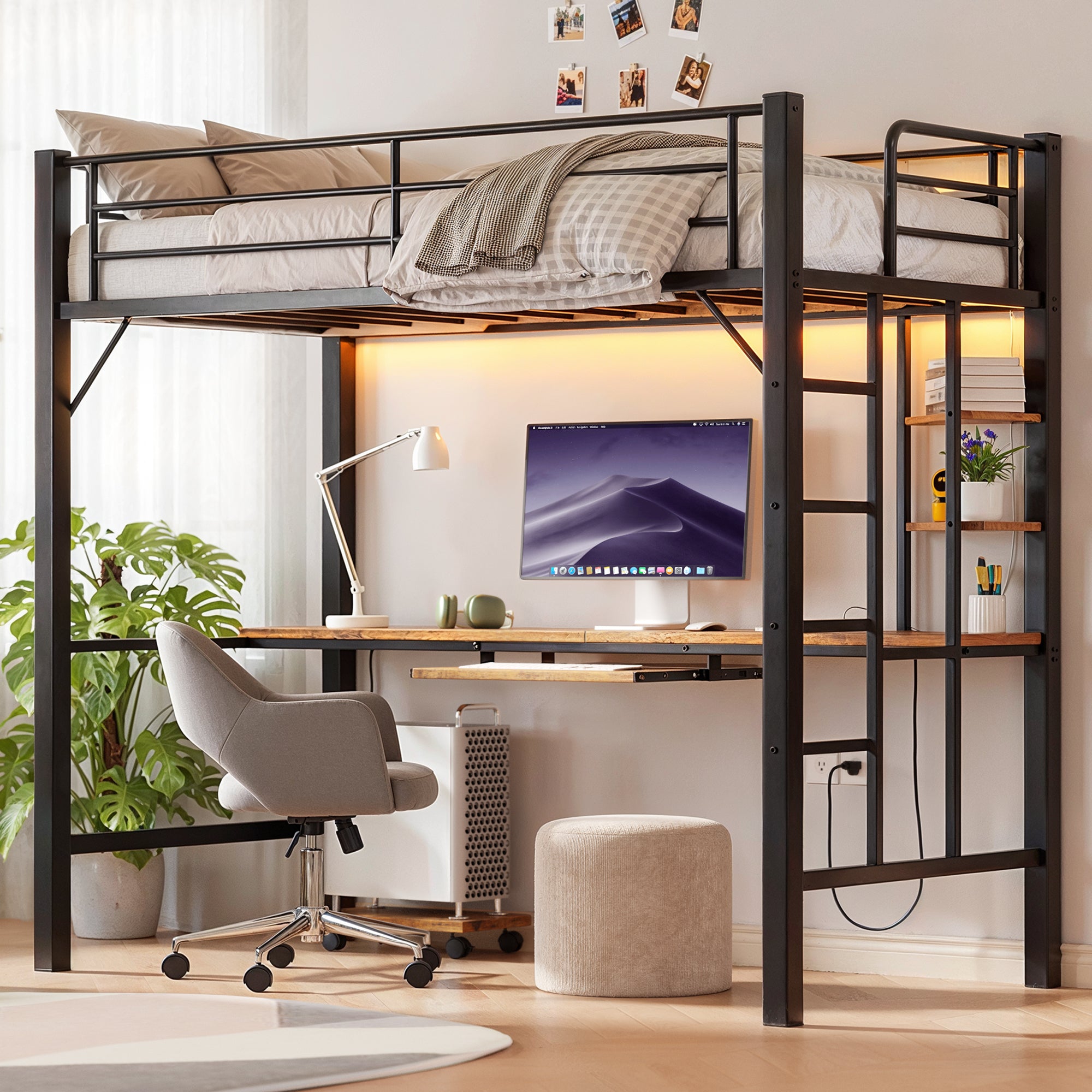 Gizoon Loft Bed Twin Size with Desk, Metal Twin Loft Bed Frame with Charging Station, LED Lights, Heavy Duty Loft Beds with Safety Guard & Ladder, No Box Spring Needed, Noise-Free, Space-Saving, Brown