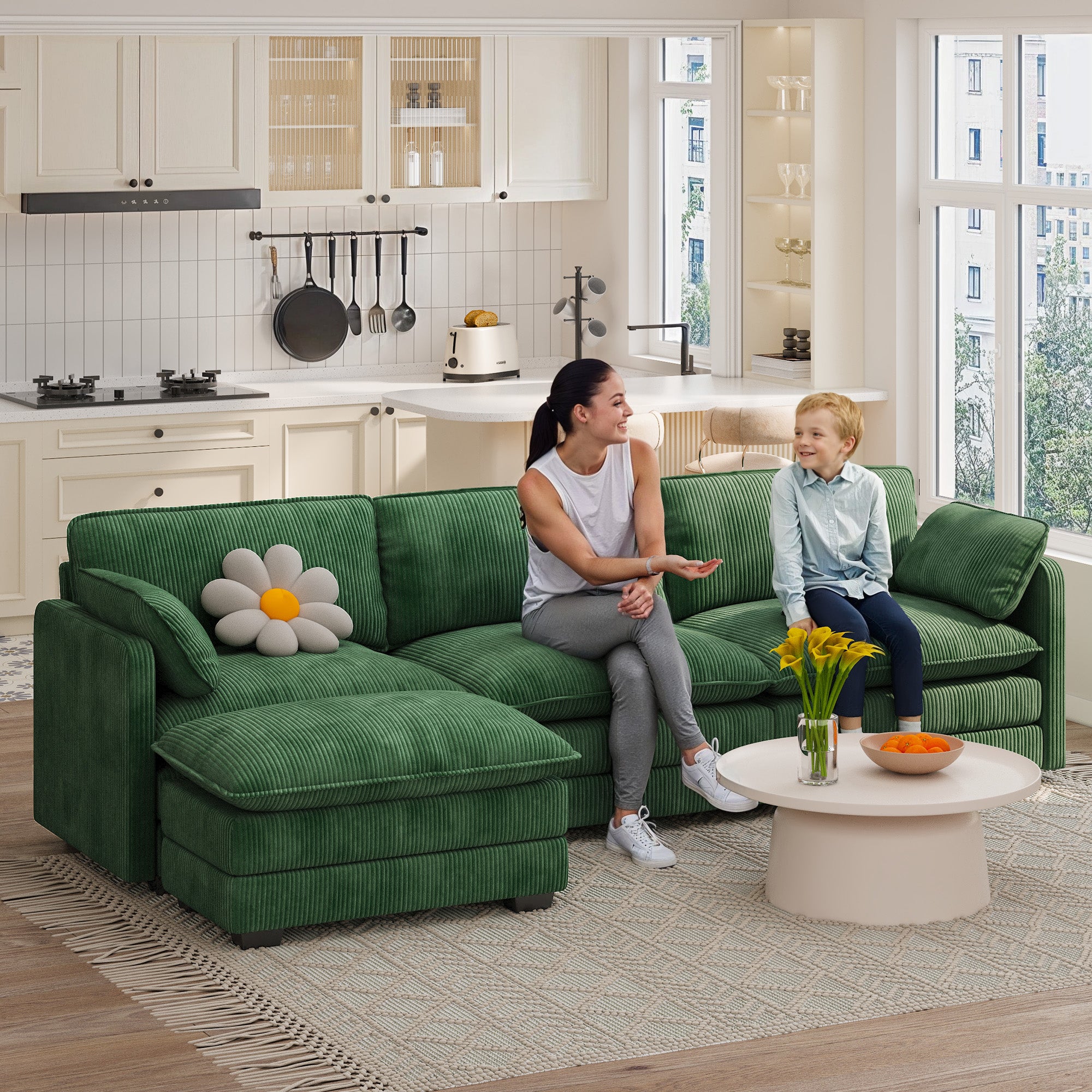 Gizoon 110.2" L Shaped Modern Sofa Modular Sectional Cloud Couch with Movable Ottoman, 3-Seater Comfy Corduroy Deep Seat Sofa with 2 Pillows