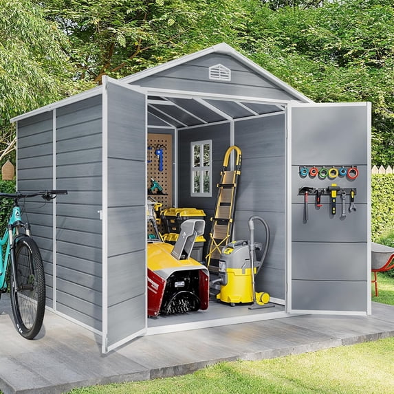 Gizoon 8' x 6' Resin Outdoor Storage Shed with Floor & Lockable Doors,