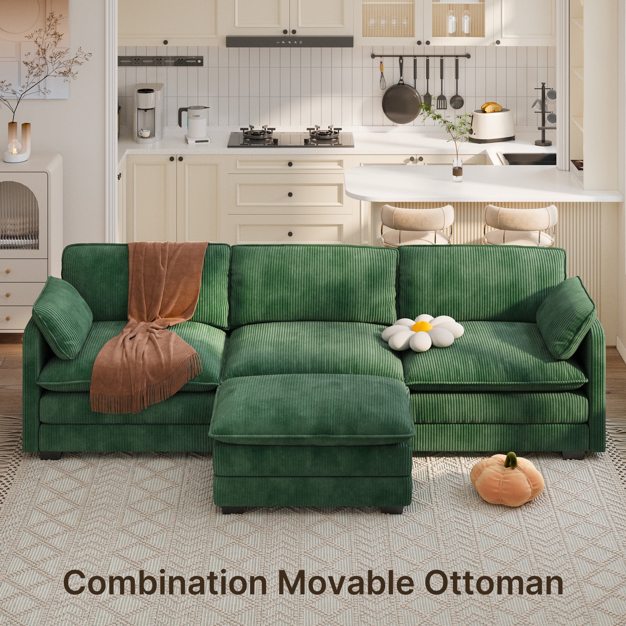 Gizoon 110.2" L Shaped Modern Sofa Modular Sectional Cloud Couch with Movable Ottoman, 3-Seater Comfy Corduroy Deep Seat Sofa with 2 Pillows