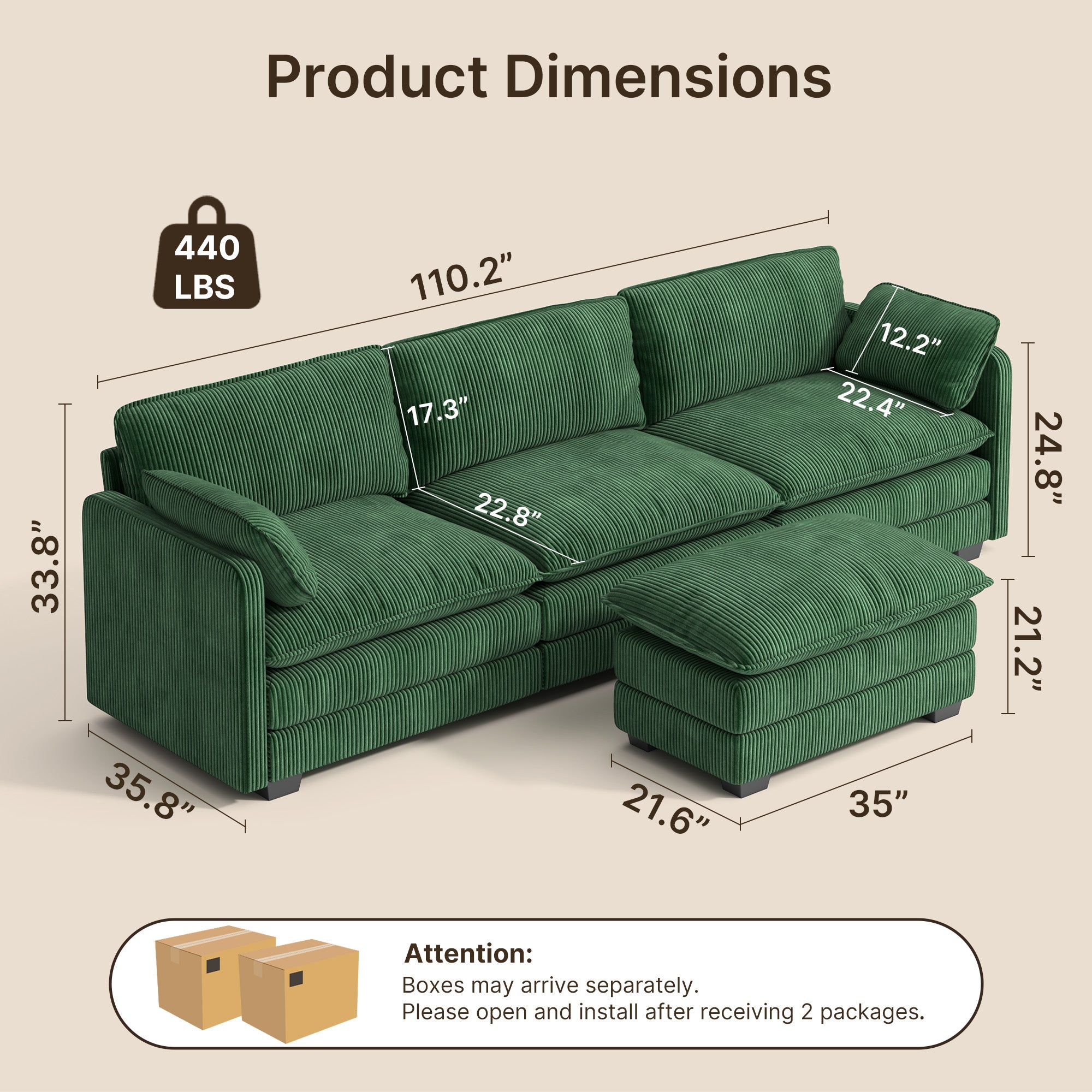 Gizoon 110.2" L Shaped Modern Sofa Modular Sectional Cloud Couch with Movable Ottoman, 3-Seater Comfy Corduroy Deep Seat Sofa with 2 Pillows
