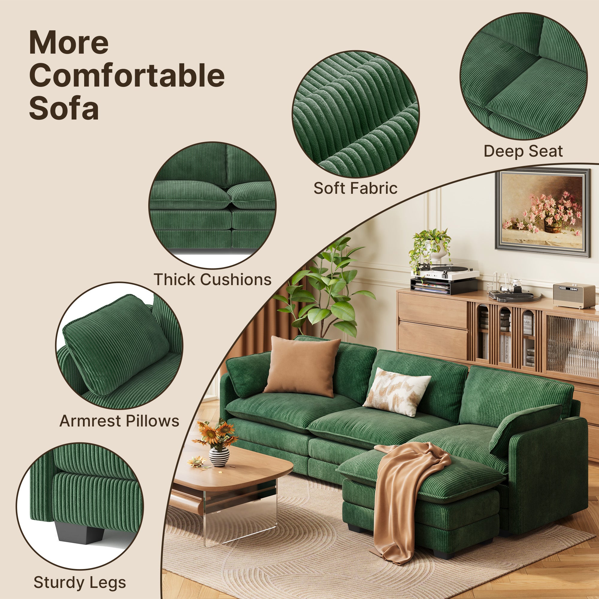 Gizoon 110.2" L Shaped Modern Sofa Modular Sectional Cloud Couch with Movable Ottoman, 3-Seater Comfy Corduroy Deep Seat Sofa with 2 Pillows