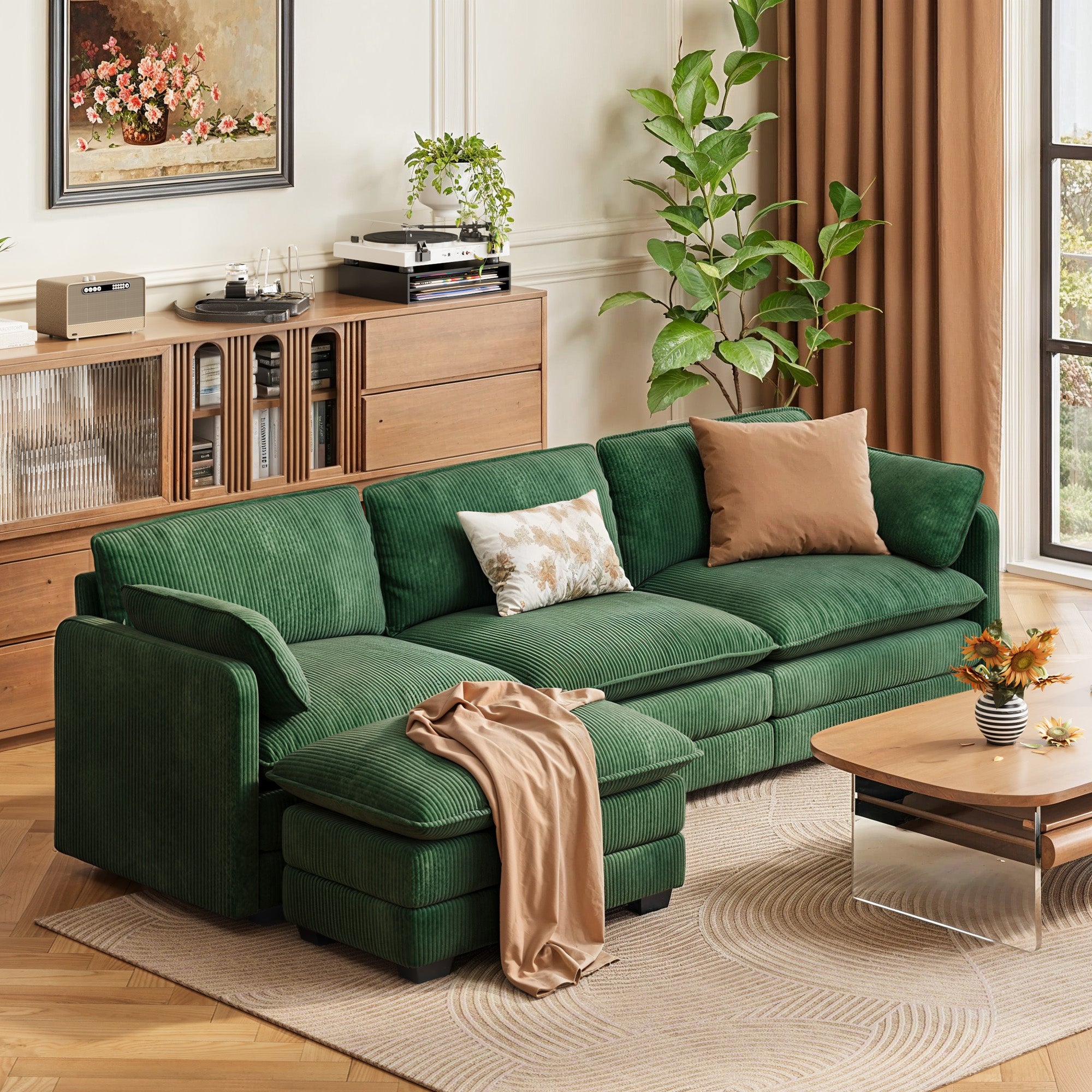 Gizoon 110.2" L Shaped Modern Sofa Modular Sectional Cloud Couch with Movable Ottoman, 3-Seater Comfy Corduroy Deep Seat Sofa with 2 Pillows