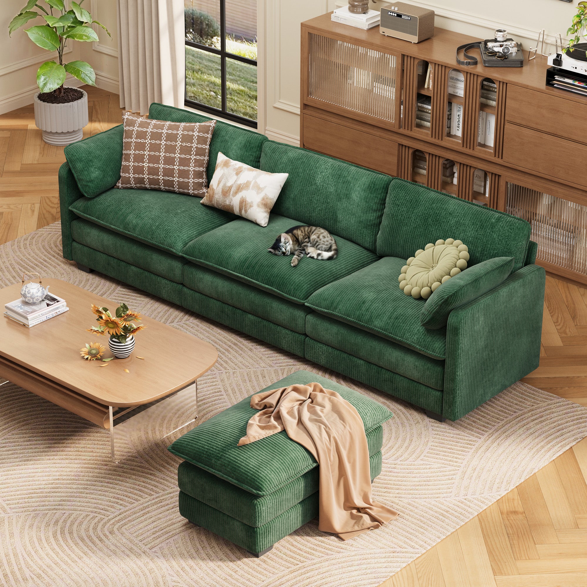 Gizoon 110.2" L Shaped Modern Sofa Modular Sectional Cloud Couch with Movable Ottoman, 3-Seater Comfy Corduroy Deep Seat Sofa with 2 Pillows