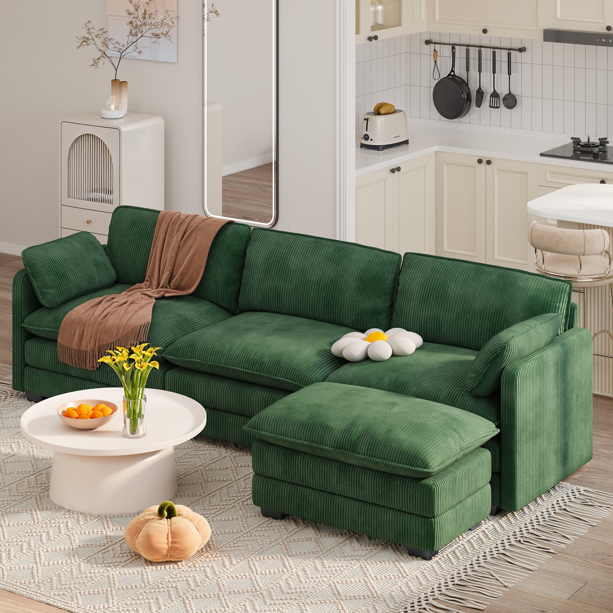 Gizoon 110.2" L Shaped Modern Sofa Modular Sectional Cloud Couch with Movable Ottoman, 3-Seater Comfy Corduroy Deep Seat Sofa with 2 Pillows