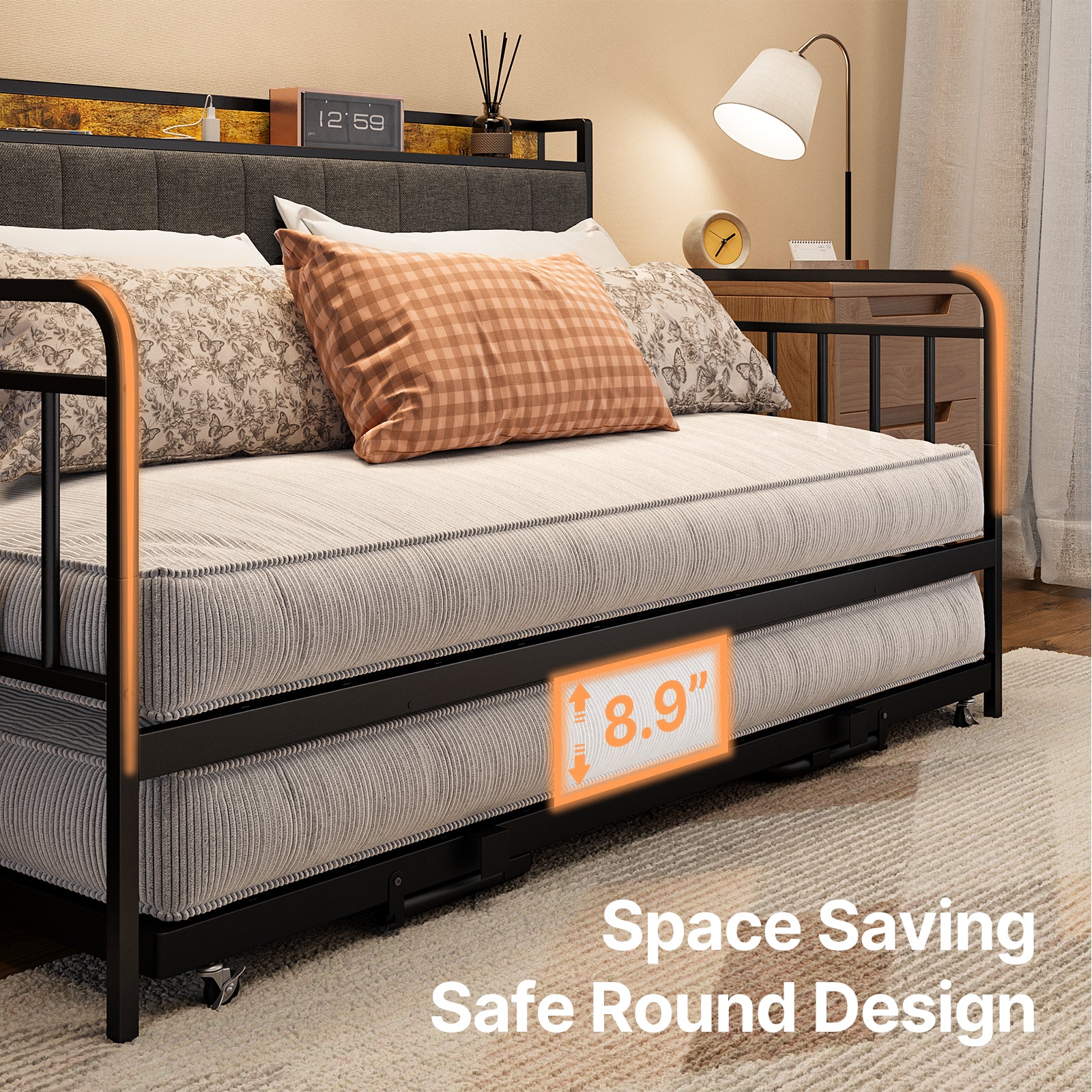 Gizoon Daybed with Trundle, Twin Bed Frame with Upholstered Headboard and Charging Station, Sturdy Metal Sofa Bed with Steel Slat Support for Living Room, Bedroom and Guest Room