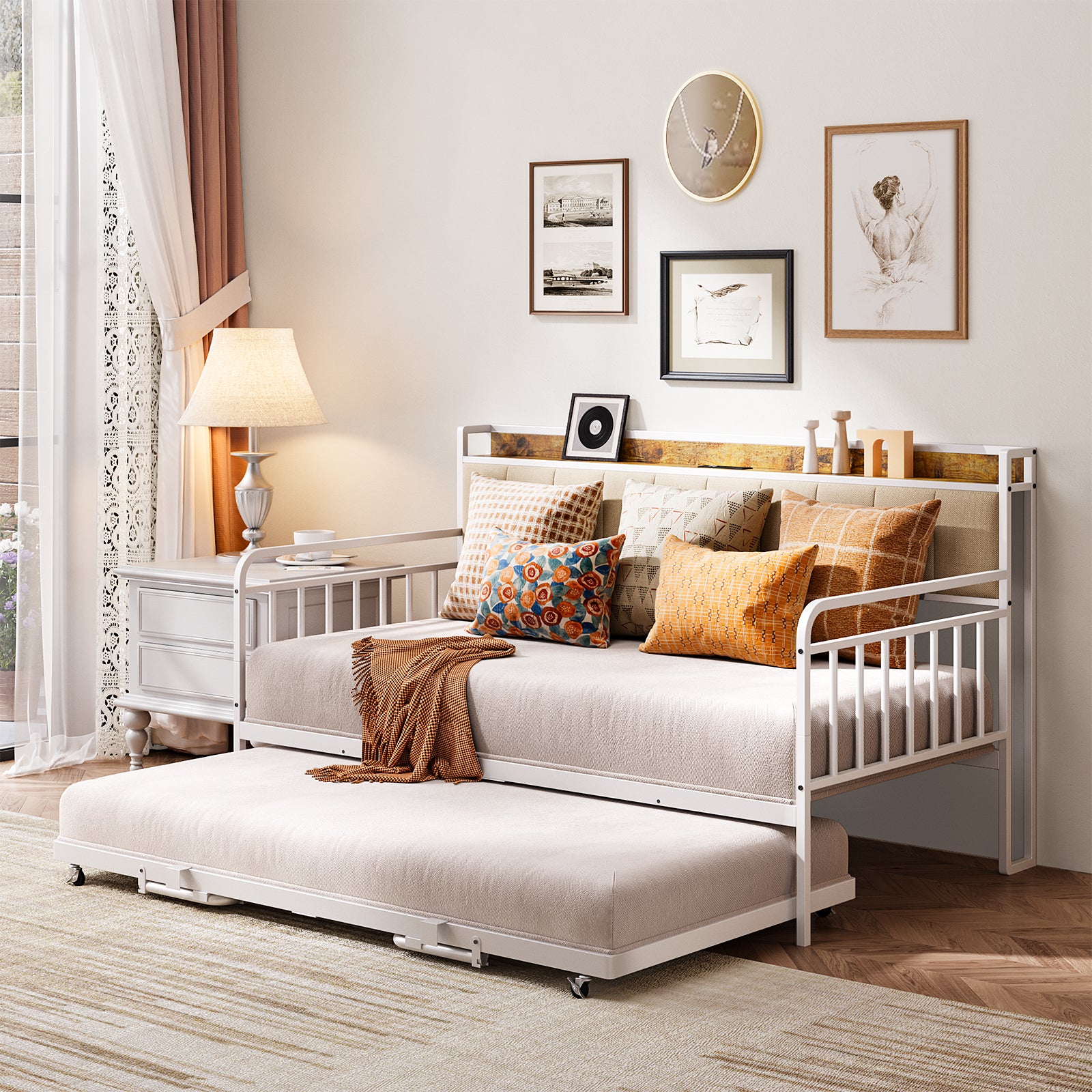 Gizoon Daybed with Trundle, Twin Bed Frame with Upholstered Headboard and Charging Station, Sturdy Metal Sofa Bed with Steel Slat Support for Living Room, Bedroom and Guest Room