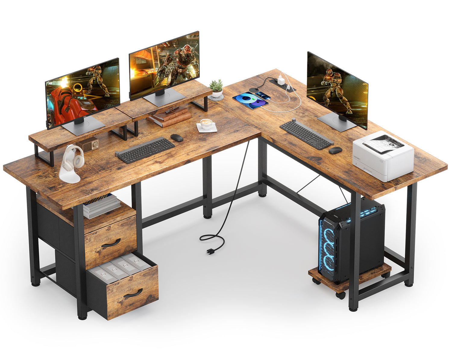 66" L Shaped Desk with Drawers & Power Outlets