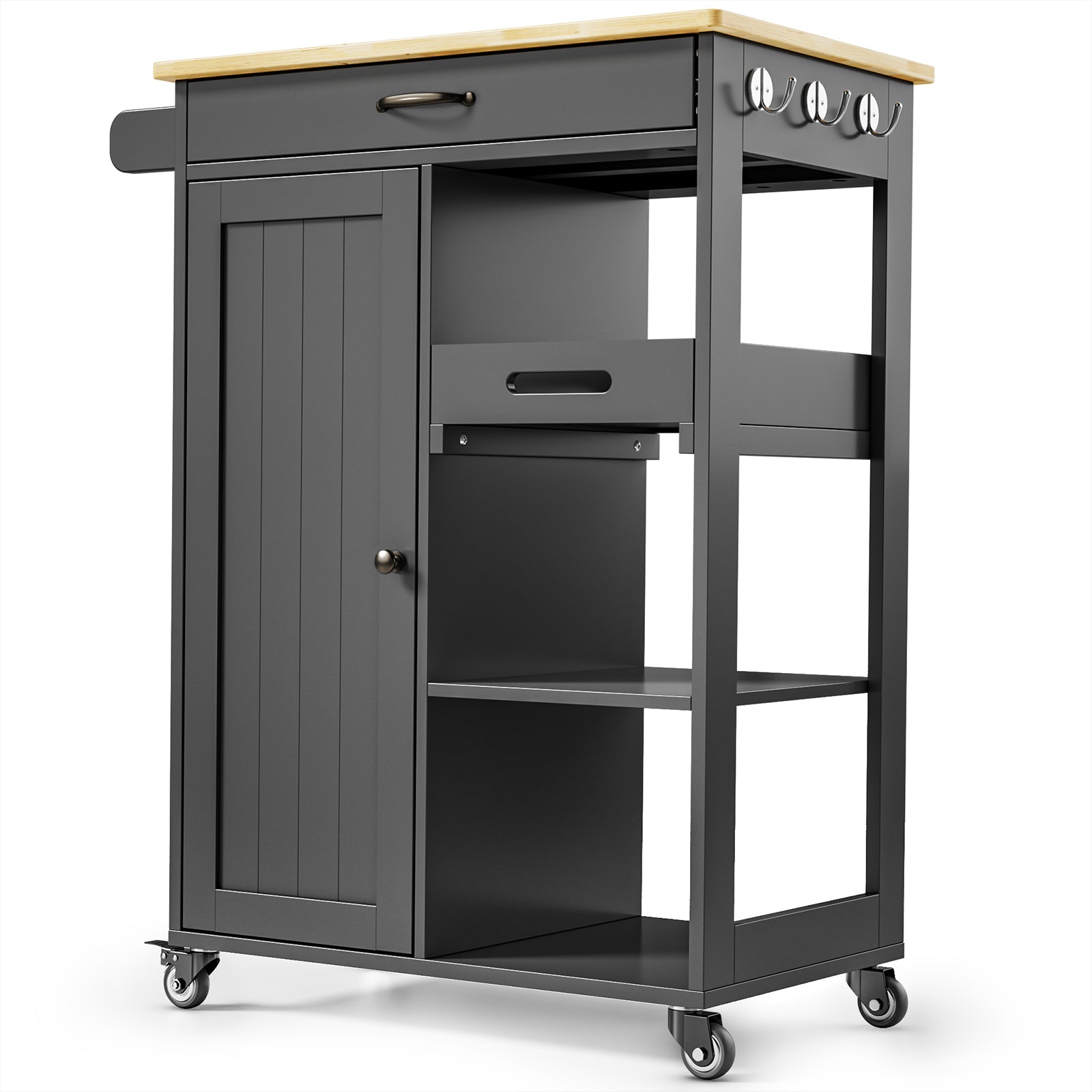 Gizoon Kitchen Island Cart with Solid Wood Top, Rolling Serving Utility Trolley Cart with Drawer, Cabinet, Towel Rack, Hooks and 3 Open Storage Shelves, Mobile Storage Cart for Dining Room, Bar
