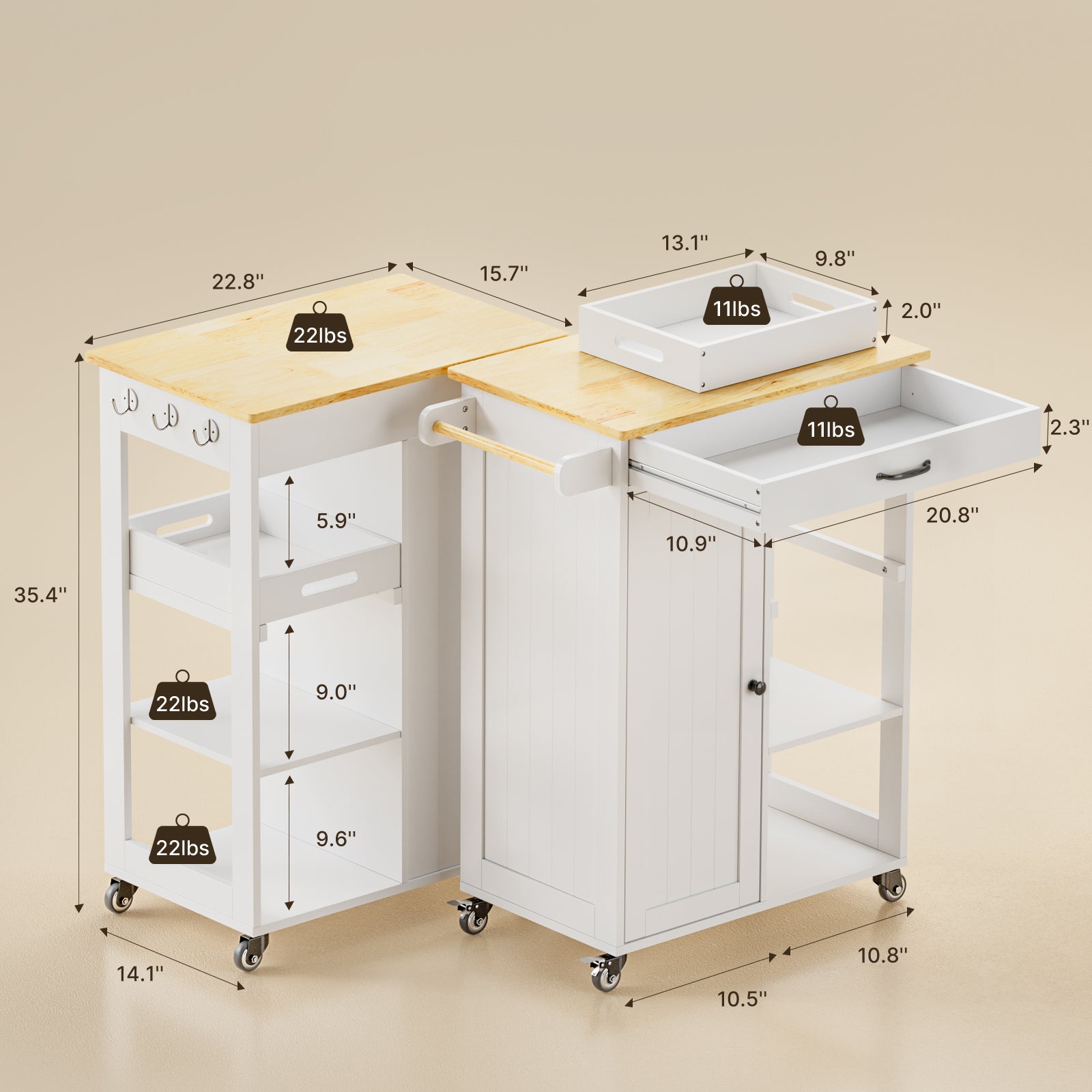 Gizoon Kitchen Island Cart with Solid Wood Top, Rolling Serving Utility Trolley Cart with Drawer, Cabinet, Towel Rack, Hooks and 3 Open Storage Shelves, Mobile Storage Cart for Dining Room, Bar