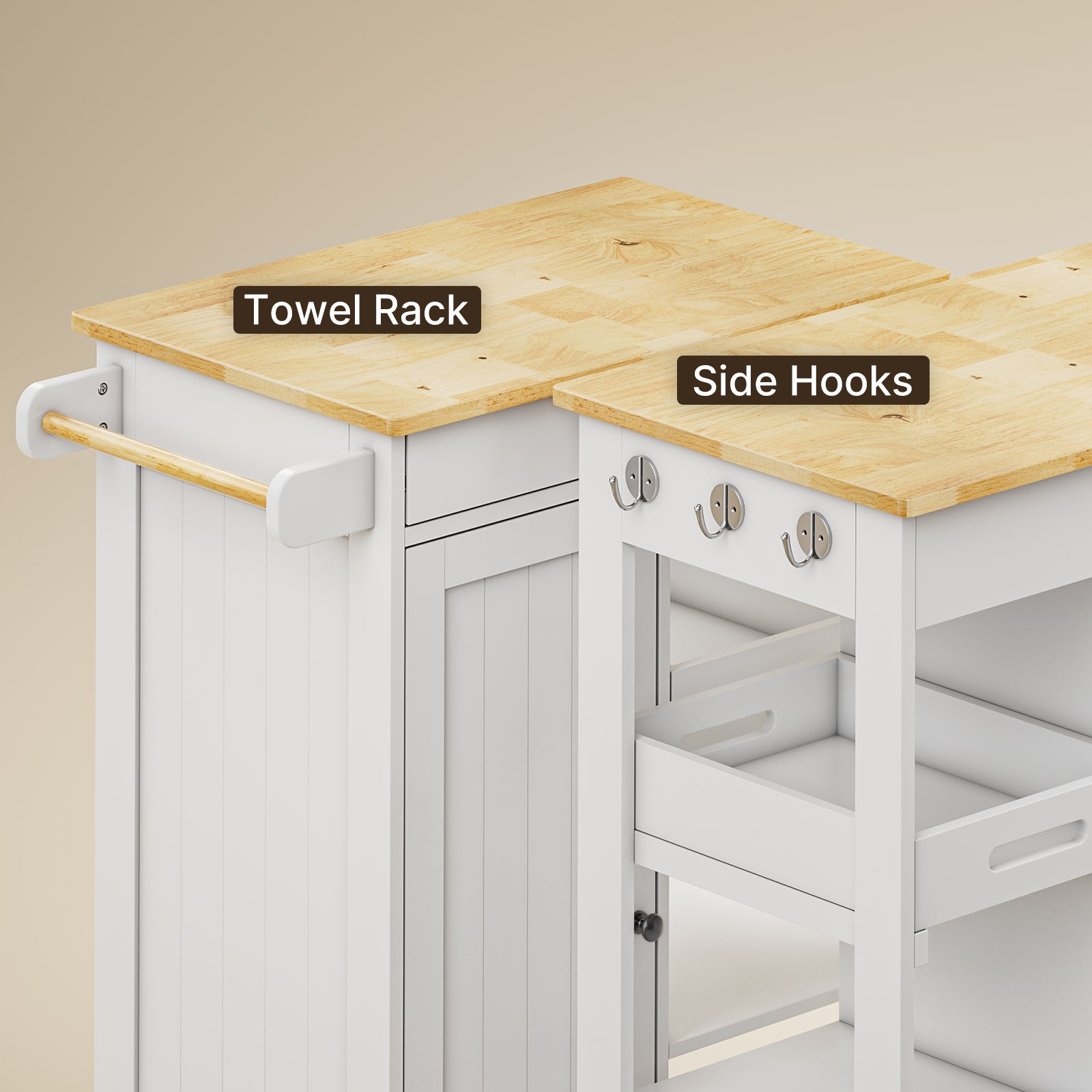 Gizoon Kitchen Island Cart with Solid Wood Top, Rolling Serving Utility Trolley Cart with Drawer, Cabinet, Towel Rack, Hooks and 3 Open Storage Shelves, Mobile Storage Cart for Dining Room, Bar