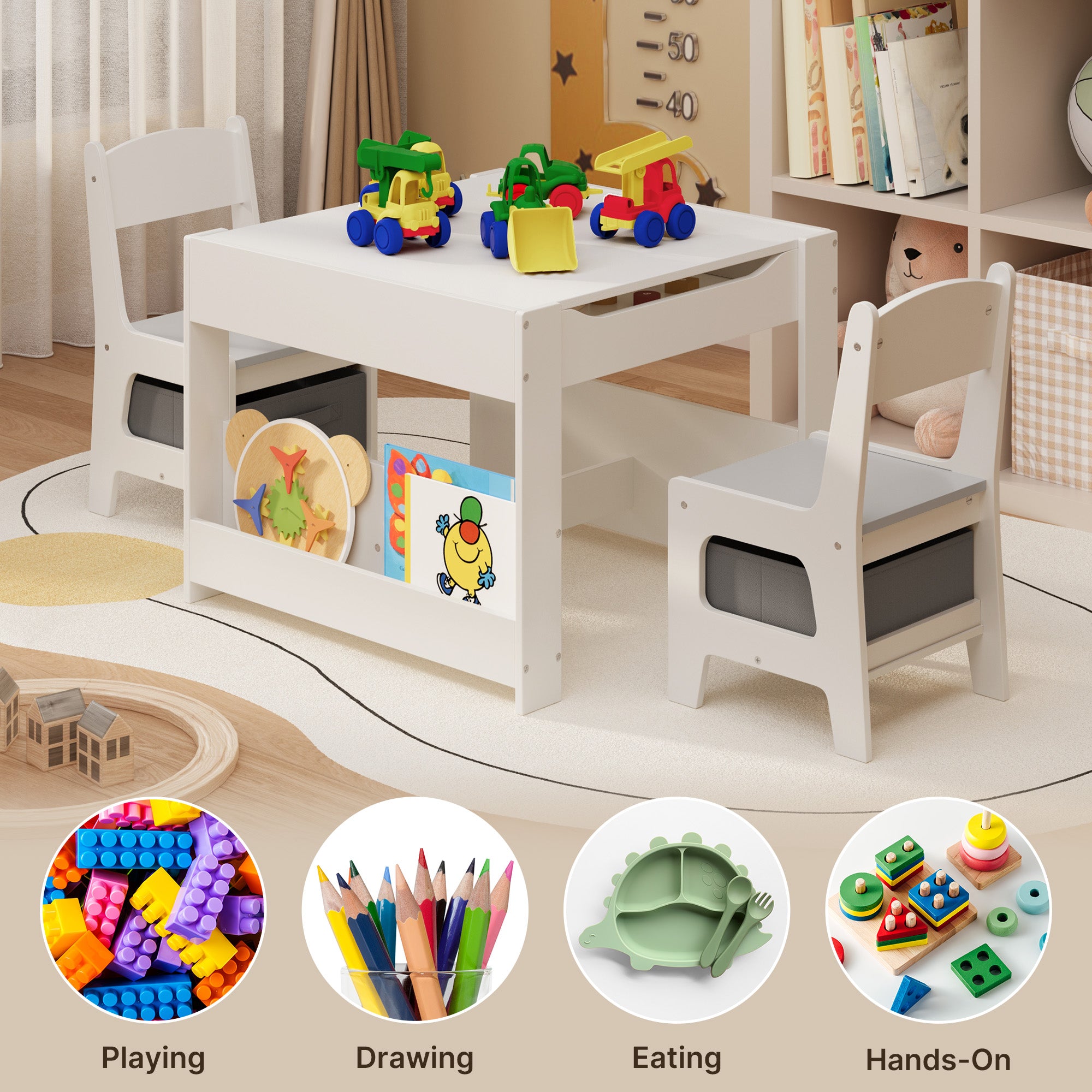 Gizoon 4-in-1 Kids Table and Chair Set with Removable Tabletop Storage for Drawing Playing Studying Eating in Playroom Kids Room
