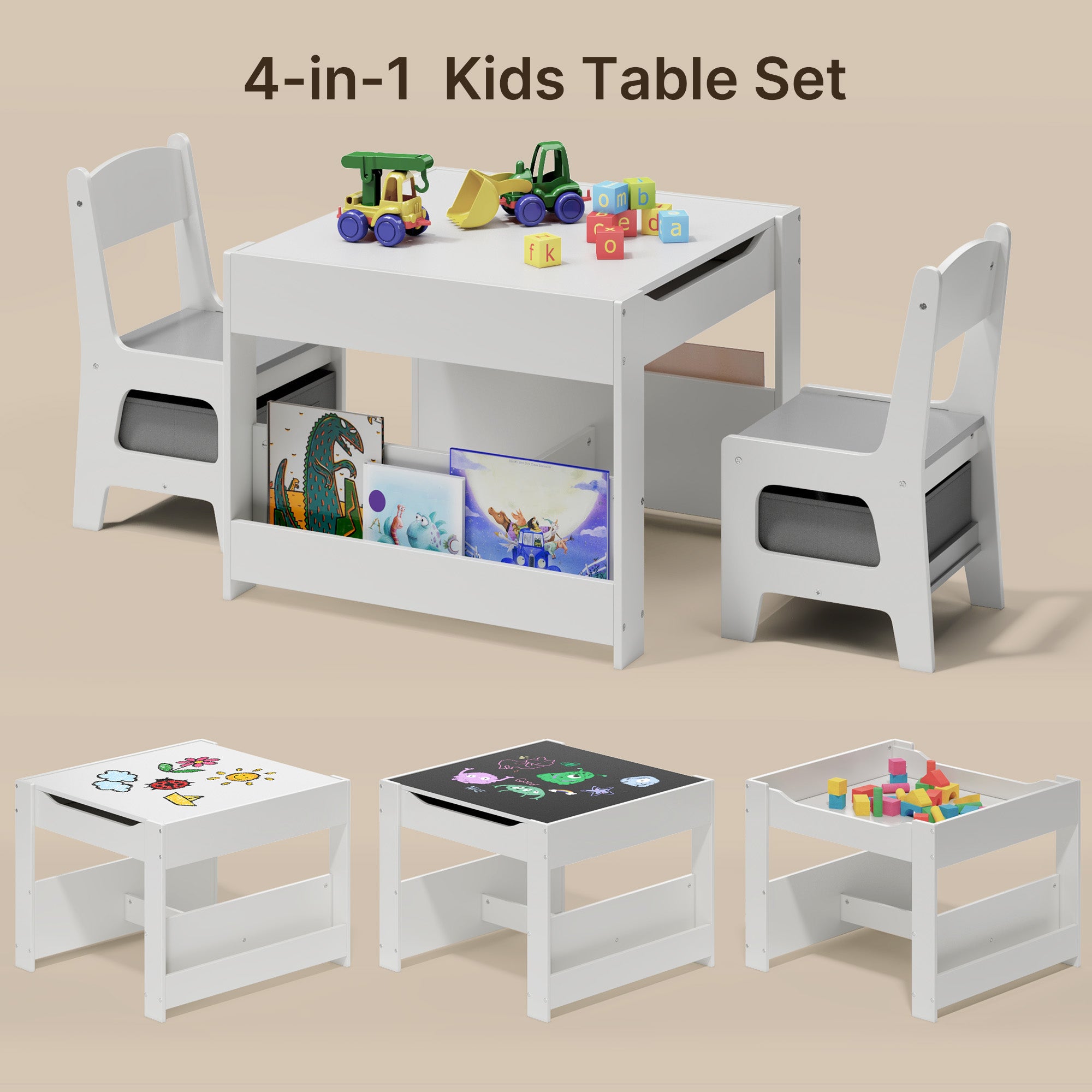 Gizoon 4-in-1 Kids Table and Chair Set with Removable Tabletop Storage for Drawing Playing Studying Eating in Playroom Kids Room