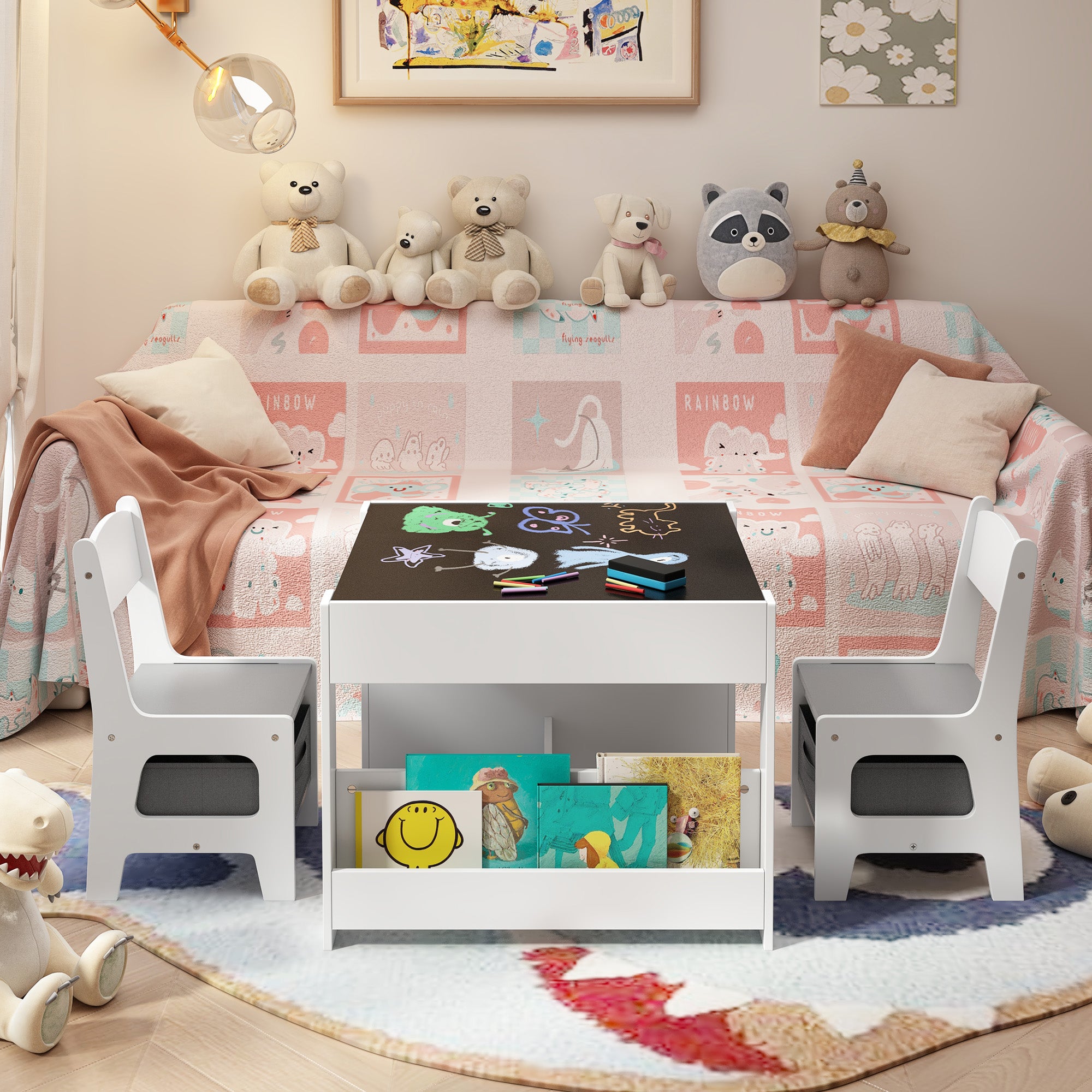 Gizoon 4-in-1 Kids Table and Chair Set with Removable Tabletop Storage for Drawing Playing Studying Eating in Playroom Kids Room