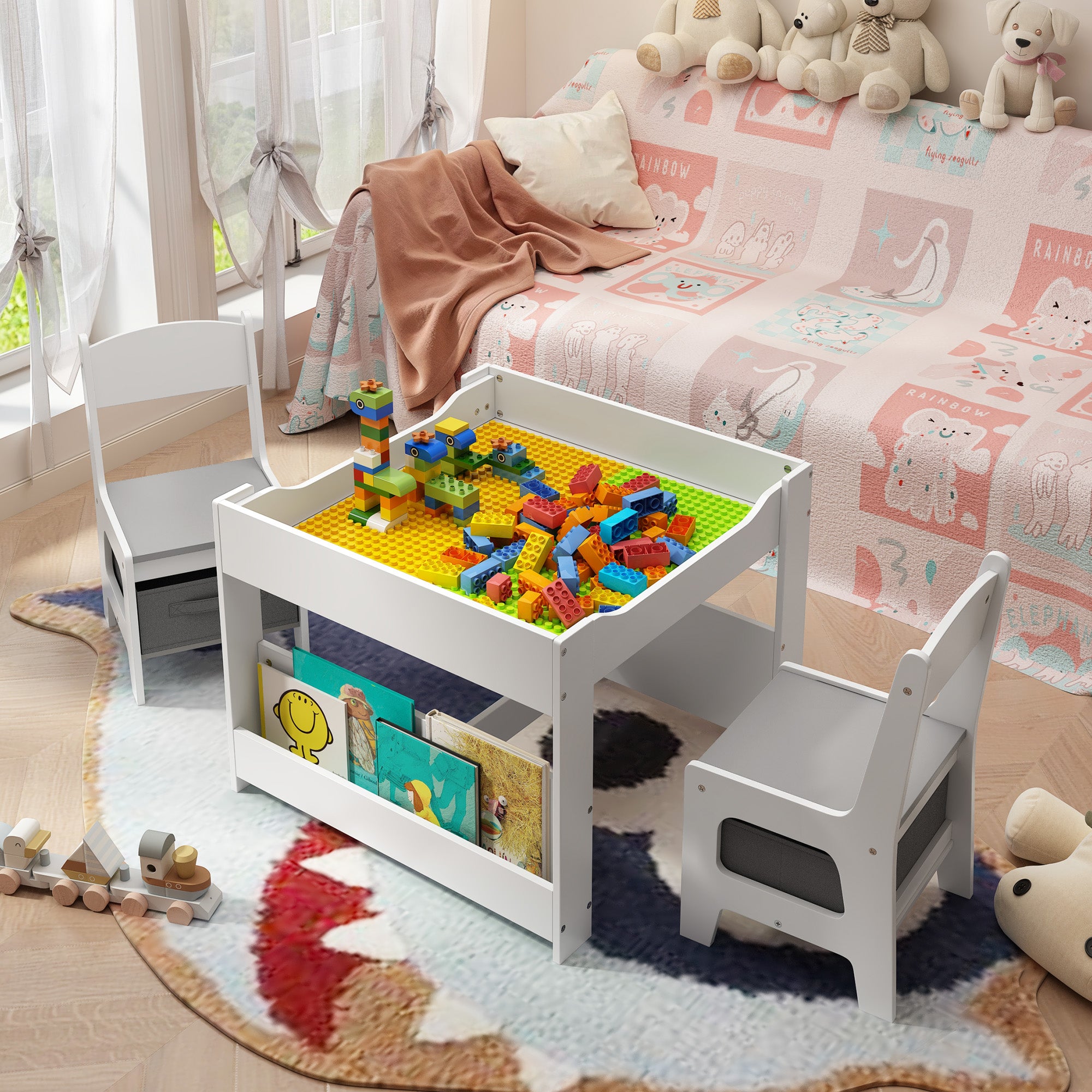 Gizoon 4-in-1 Kids Table and Chair Set with Removable Tabletop Storage for Drawing Playing Studying Eating in Playroom Kids Room