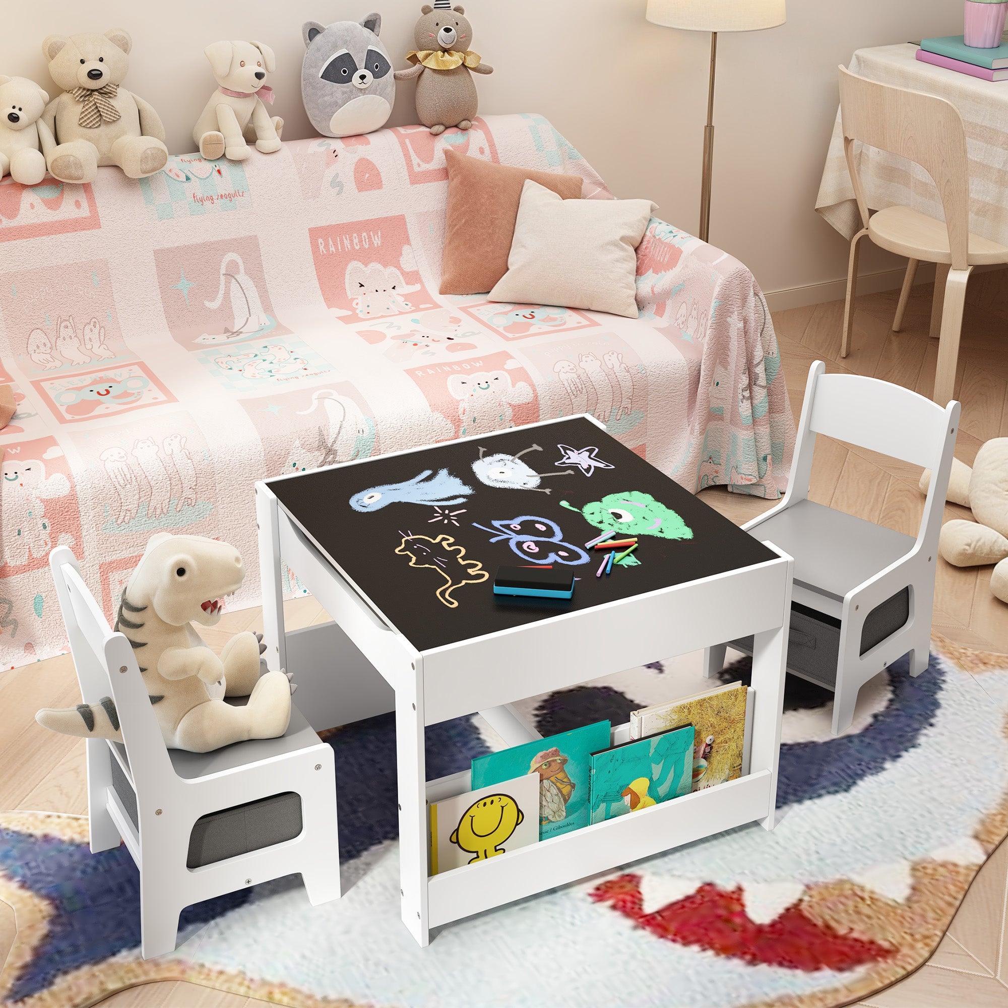 Gizoon 4-in-1 Kids Table and Chair Set with Removable Tabletop Storage for Drawing Playing Studying Eating in Playroom Kids Room