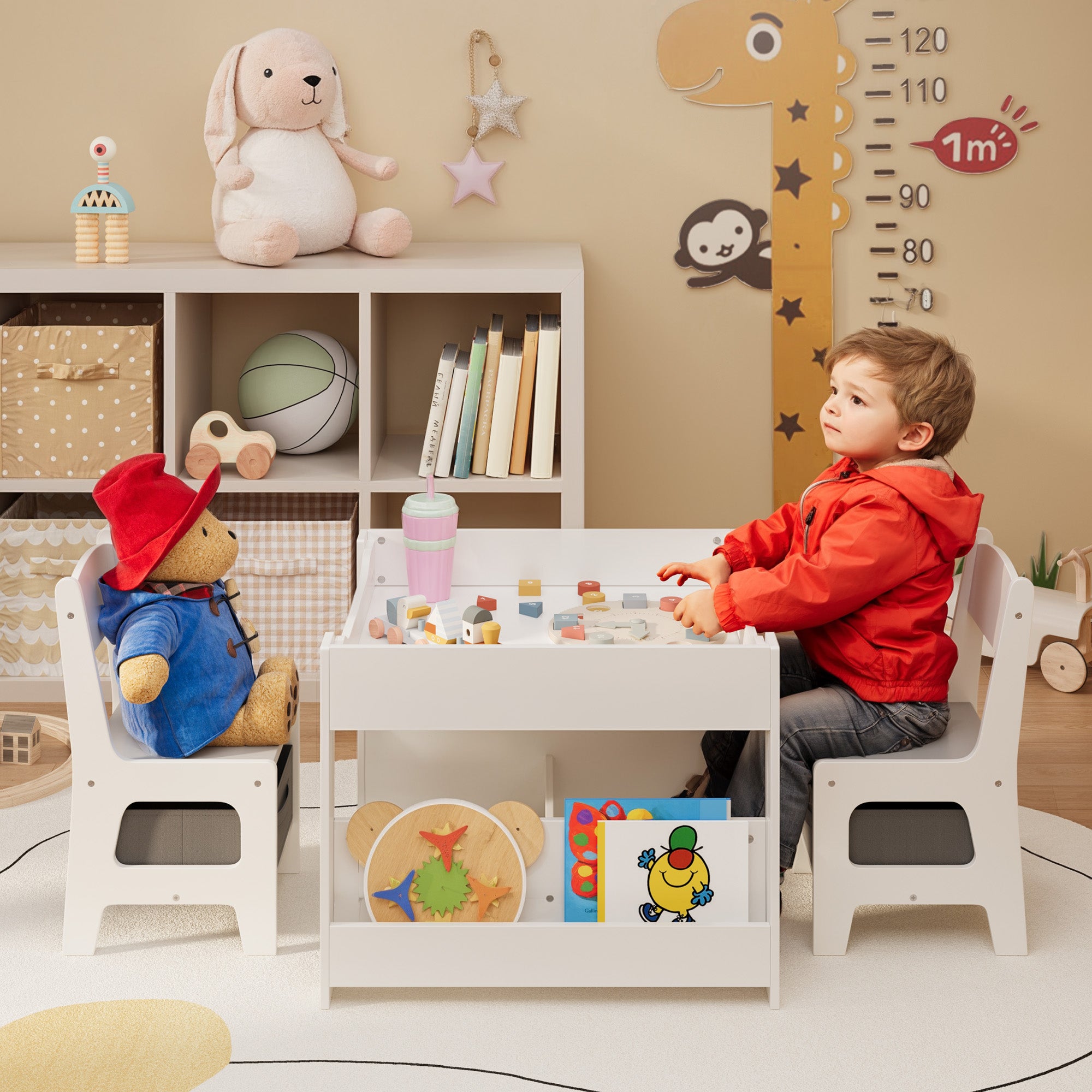 Gizoon 4-in-1 Kids Table and Chair Set with Removable Tabletop Storage for Drawing Playing Studying Eating in Playroom Kids Room