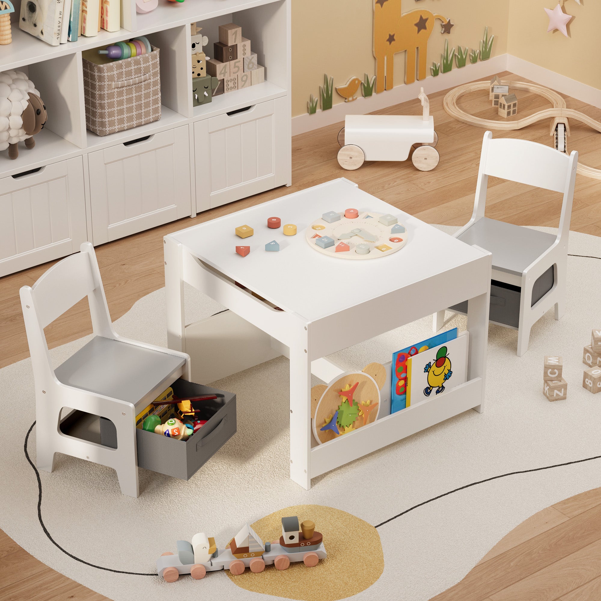 Gizoon 4-in-1 Kids Table and Chair Set with Removable Tabletop Storage for Drawing Playing Studying Eating in Playroom Kids Room