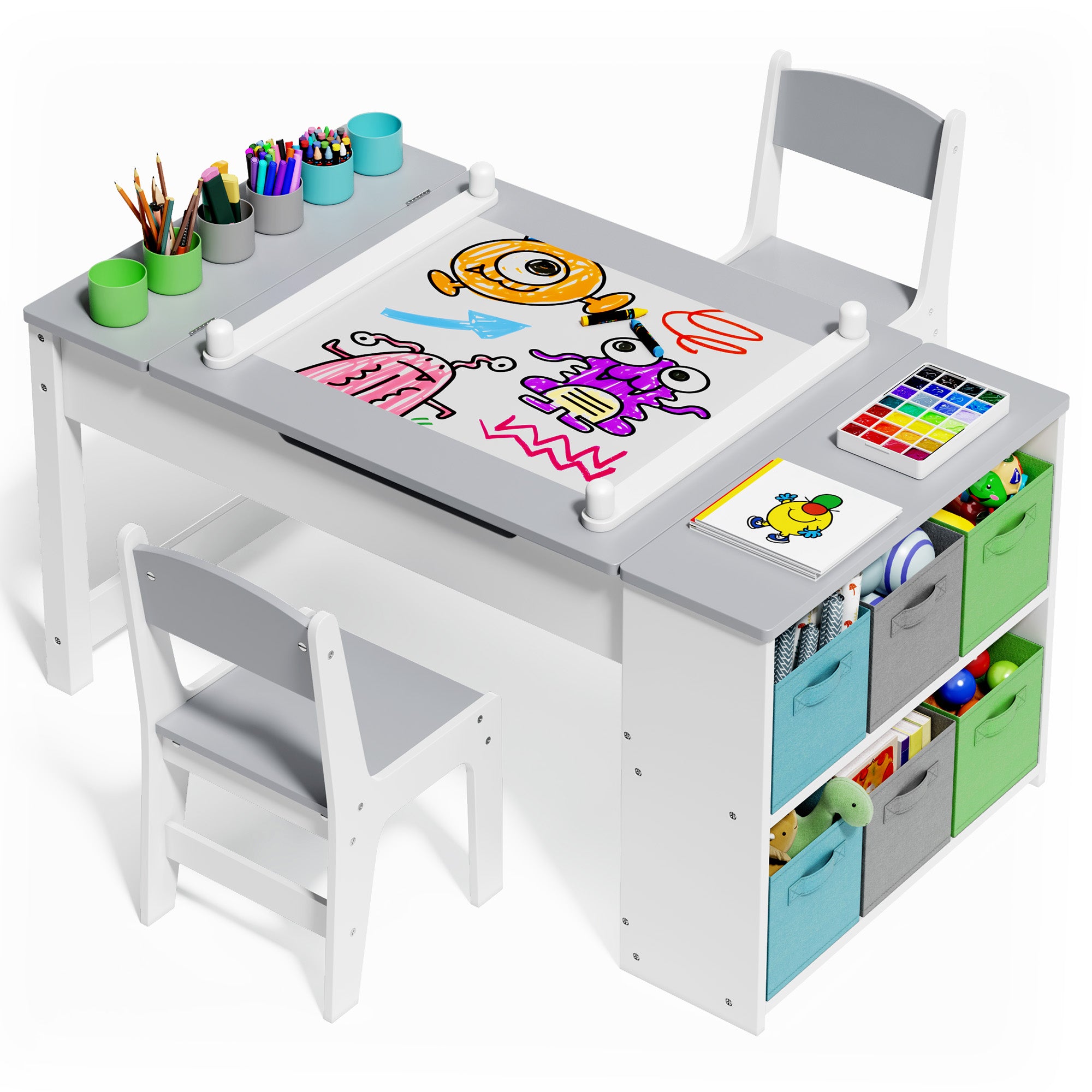 Gizoon Kids Art Table and Chairs with Removable Tabletop Storage,Toddler Craft Table and Chair Set for Drawing Studying Playing Wooden Kid Acitivity Table in Playroom