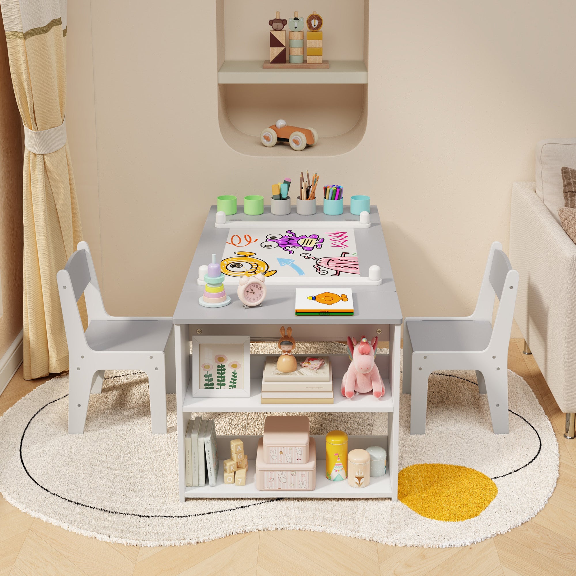 Gizoon Kids Art Table and Chairs with Removable Tabletop Storage,Toddler Craft Table and Chair Set for Drawing Studying Playing Wooden Kid Acitivity Table in Playroom