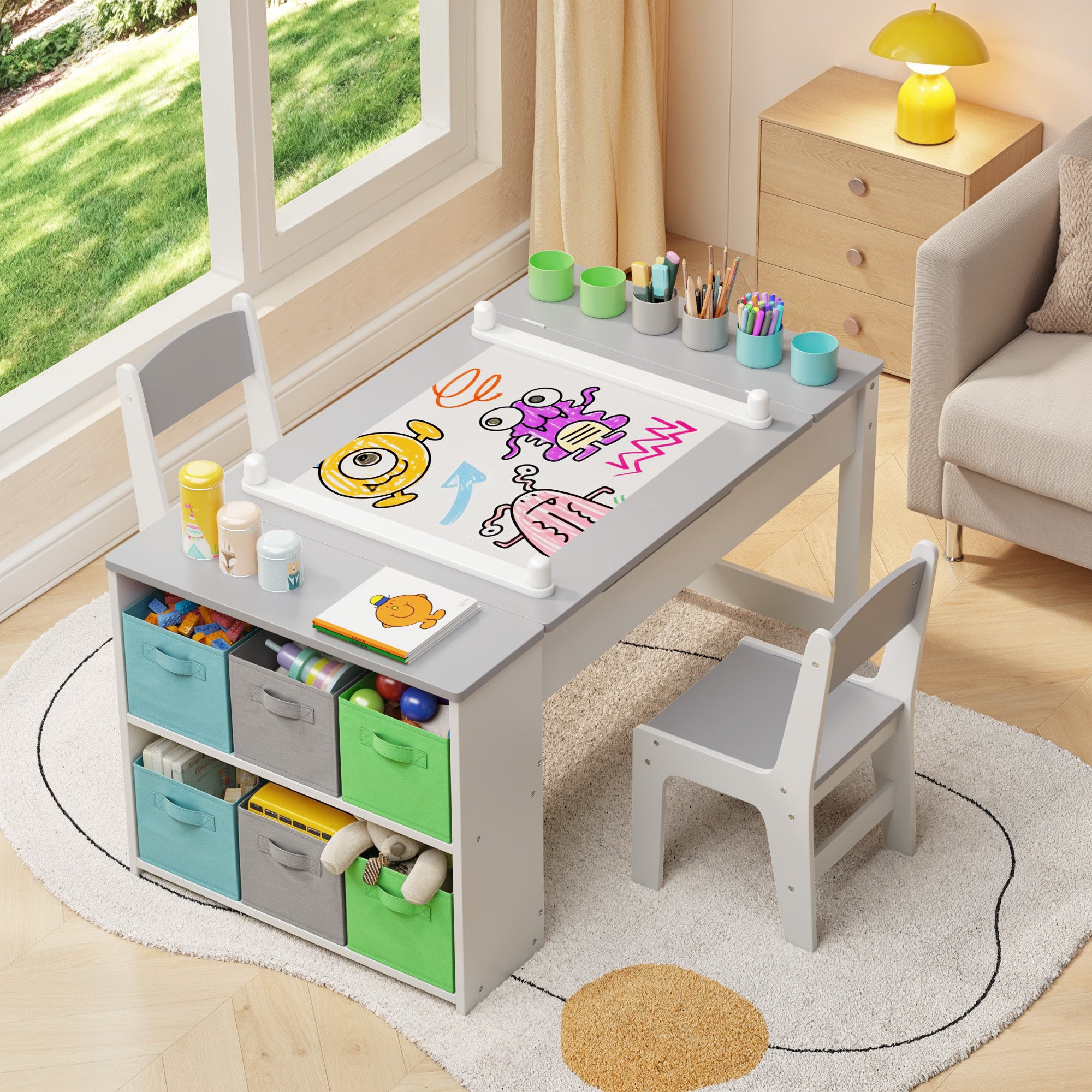 Gizoon Kids Art Table and Chairs with Removable Tabletop Storage,Toddler Craft Table and Chair Set for Drawing Studying Playing Wooden Kid Acitivity Table in Playroom