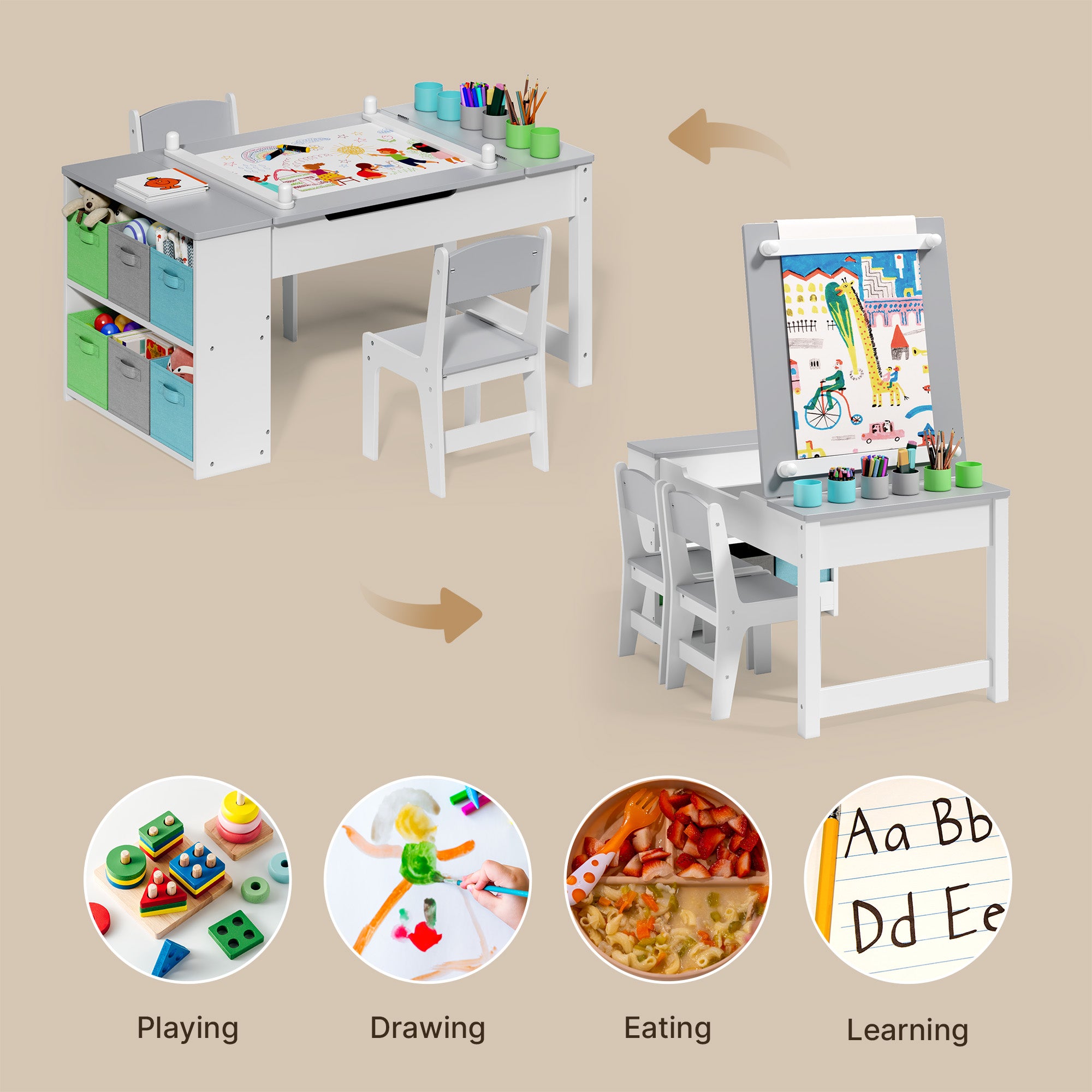 Gizoon Kids Art Table and Chairs with Removable Tabletop Storage,Toddler Craft Table and Chair Set for Drawing Studying Playing Wooden Kid Acitivity Table in Playroom