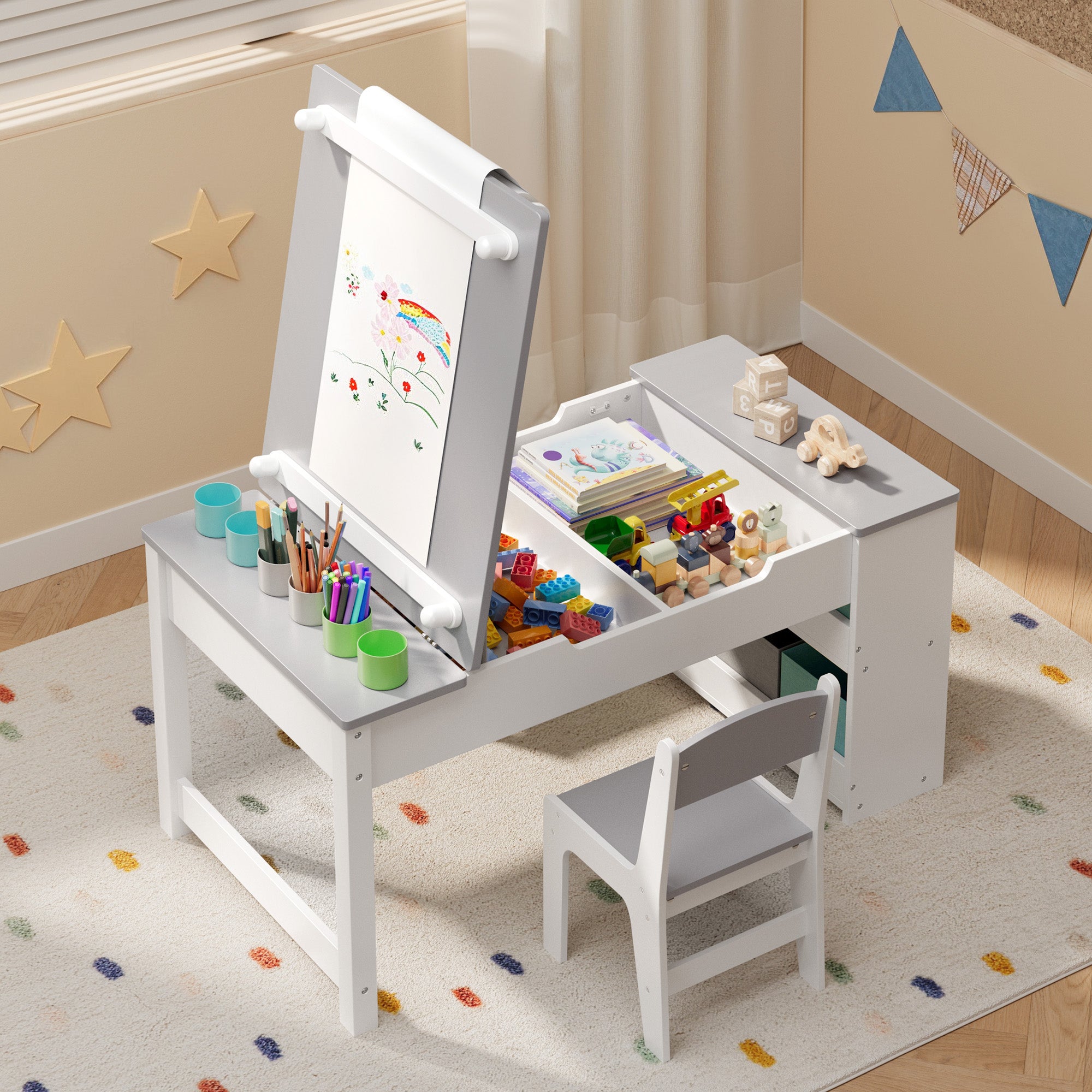 Gizoon Kids Art Table and Chairs with Removable Tabletop Storage,Toddler Craft Table and Chair Set for Drawing Studying Playing Wooden Kid Acitivity Table in Playroom