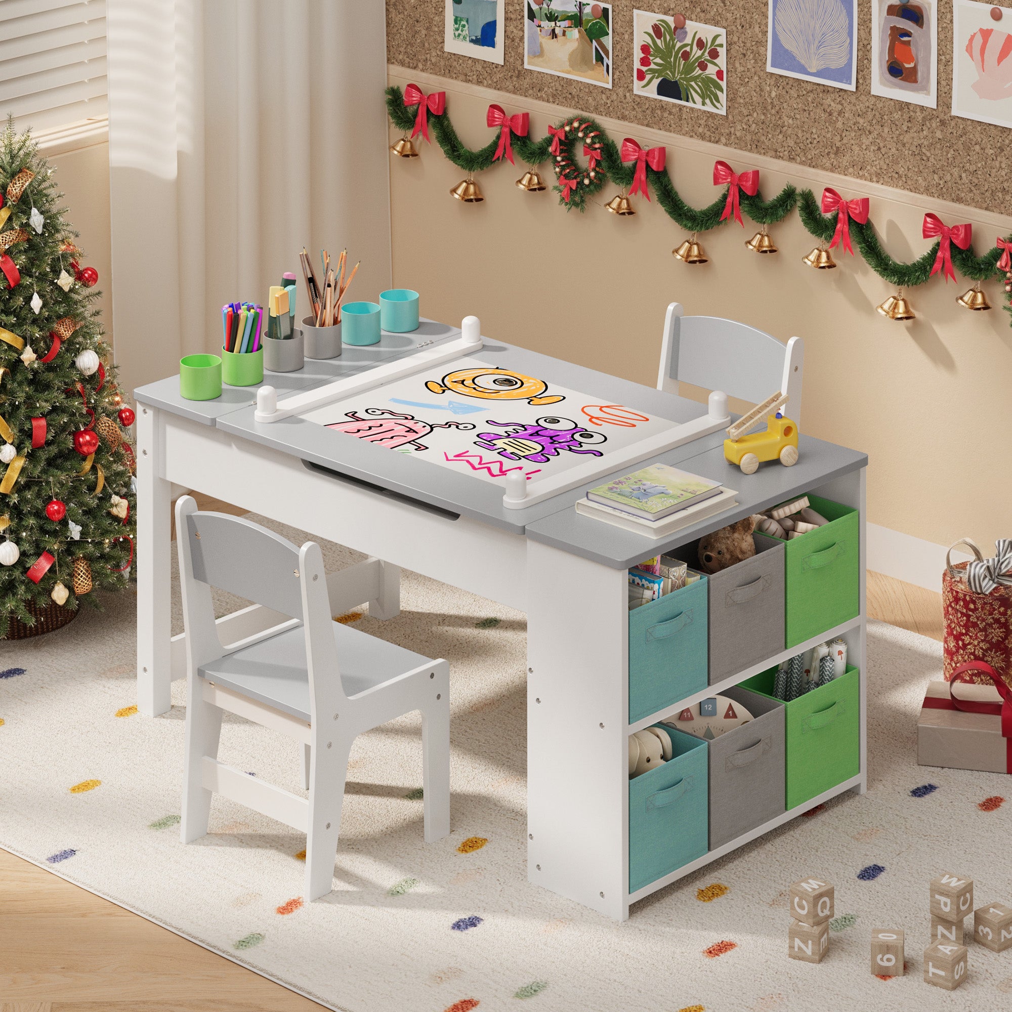 Gizoon Kids Art Table and Chairs with Removable Tabletop Storage,Toddler Craft Table and Chair Set for Drawing Studying Playing Wooden Kid Acitivity Table in Playroom
