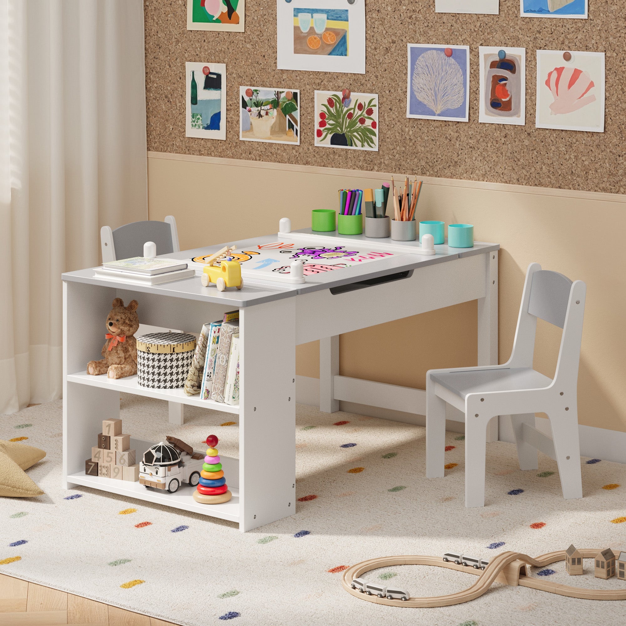 Gizoon Kids Art Table and Chairs with Removable Tabletop Storage,Toddler Craft Table and Chair Set for Drawing Studying Playing Wooden Kid Acitivity Table in Playroom
