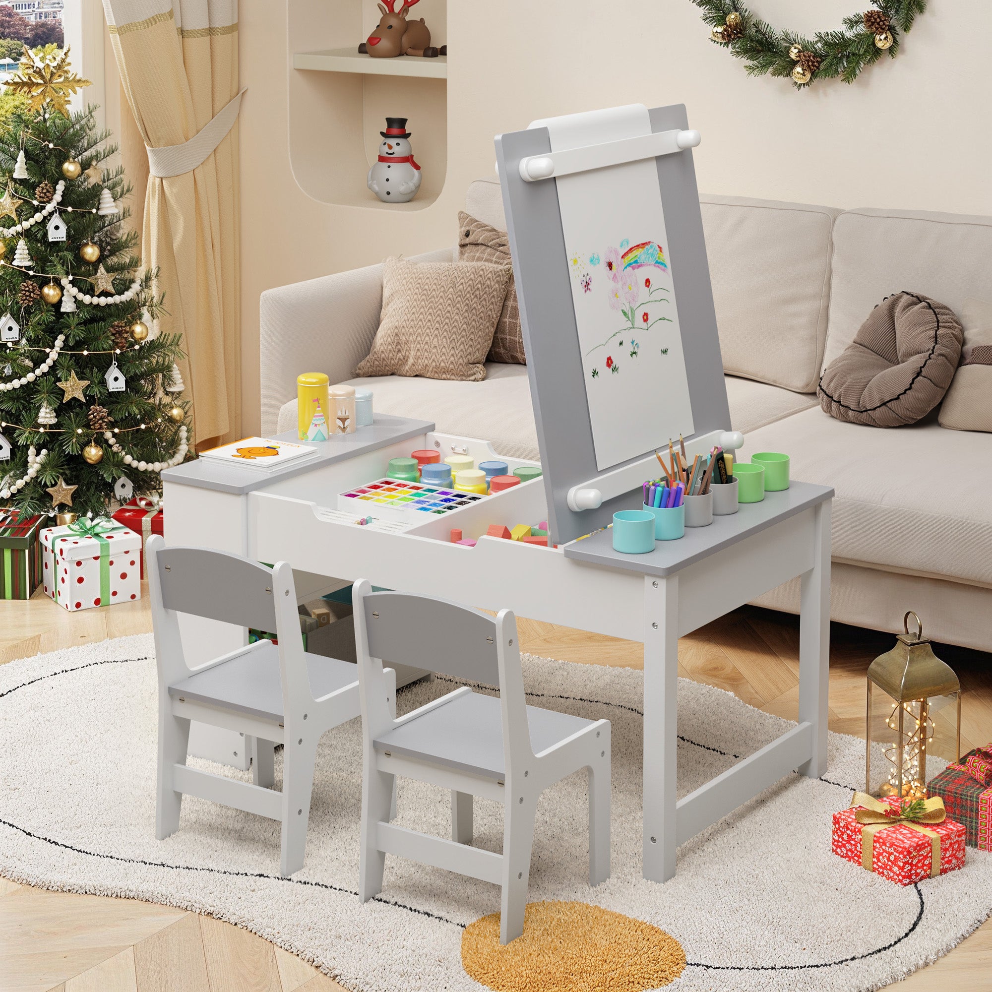 Gizoon Kids Art Table and Chairs with Removable Tabletop Storage,Toddler Craft Table and Chair Set for Drawing Studying Playing Wooden Kid Acitivity Table in Playroom