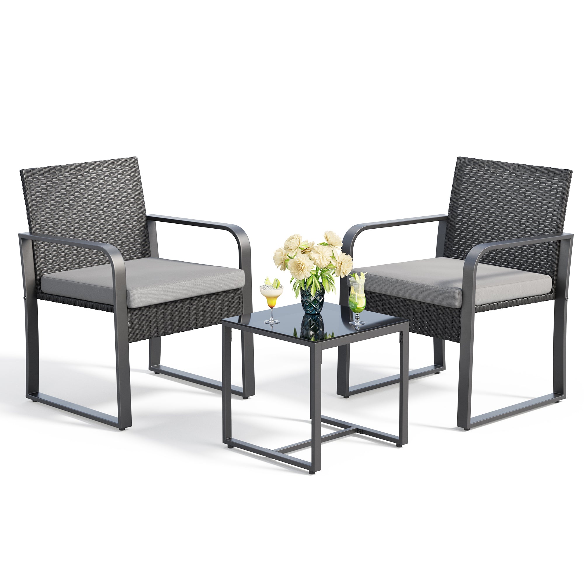 Gizoon 3 Piece Patio Bistro Set, Outdoor Wicker Furniture Sets, Modern Rattan Chair Conversation Sets with Coffee Table, for Yard, Garden, Balcony, Poolside