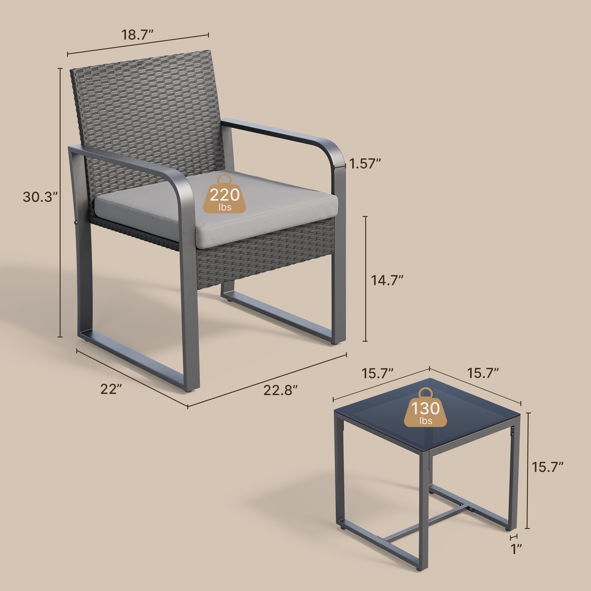 Gizoon 3 Piece Patio Bistro Set, Outdoor Wicker Furniture Sets, Modern Rattan Chair Conversation Sets with Coffee Table, for Yard, Garden, Balcony, Poolside