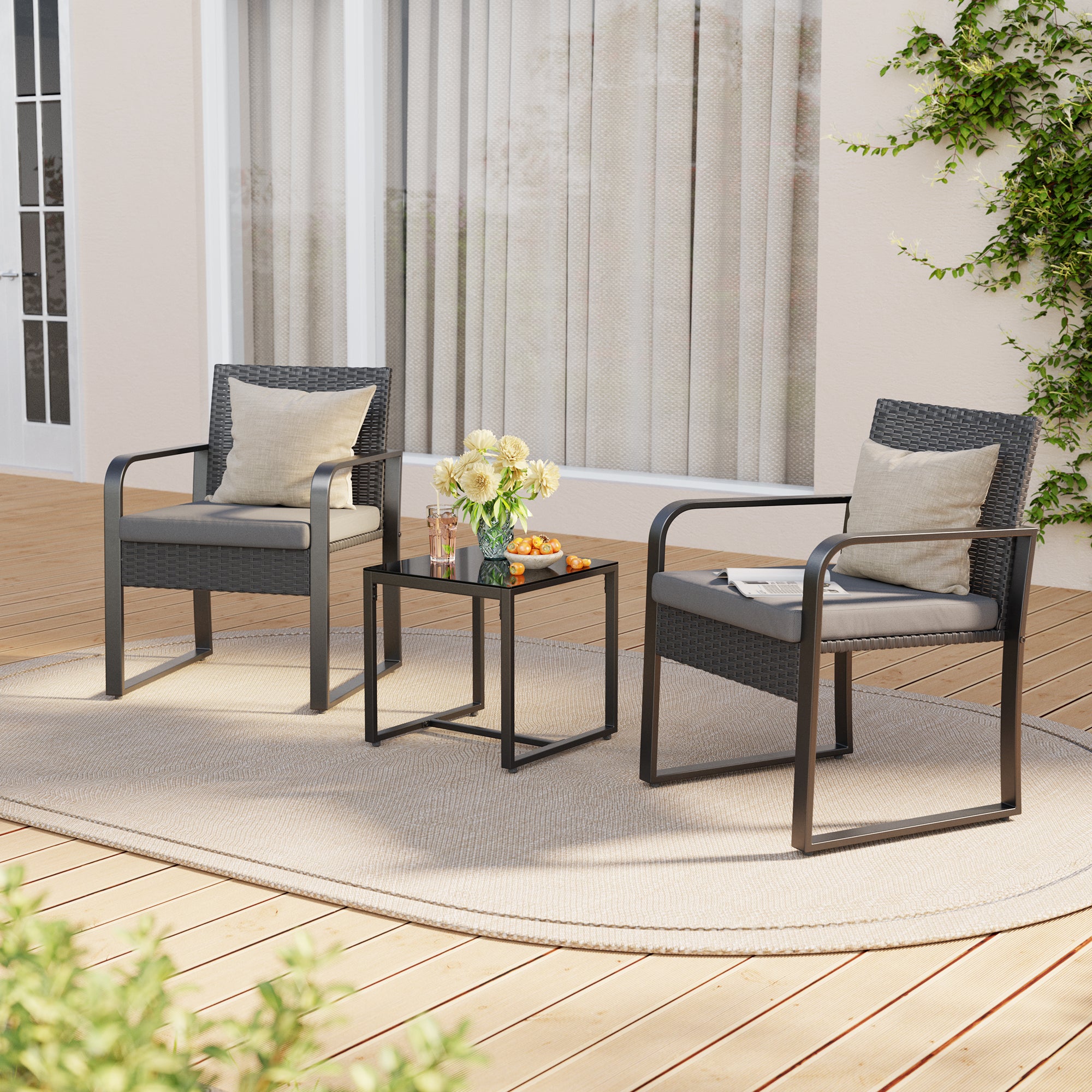 Gizoon 3 Piece Patio Bistro Set, Outdoor Wicker Furniture Sets, Modern Rattan Chair Conversation Sets with Coffee Table, for Yard, Garden, Balcony, Poolside