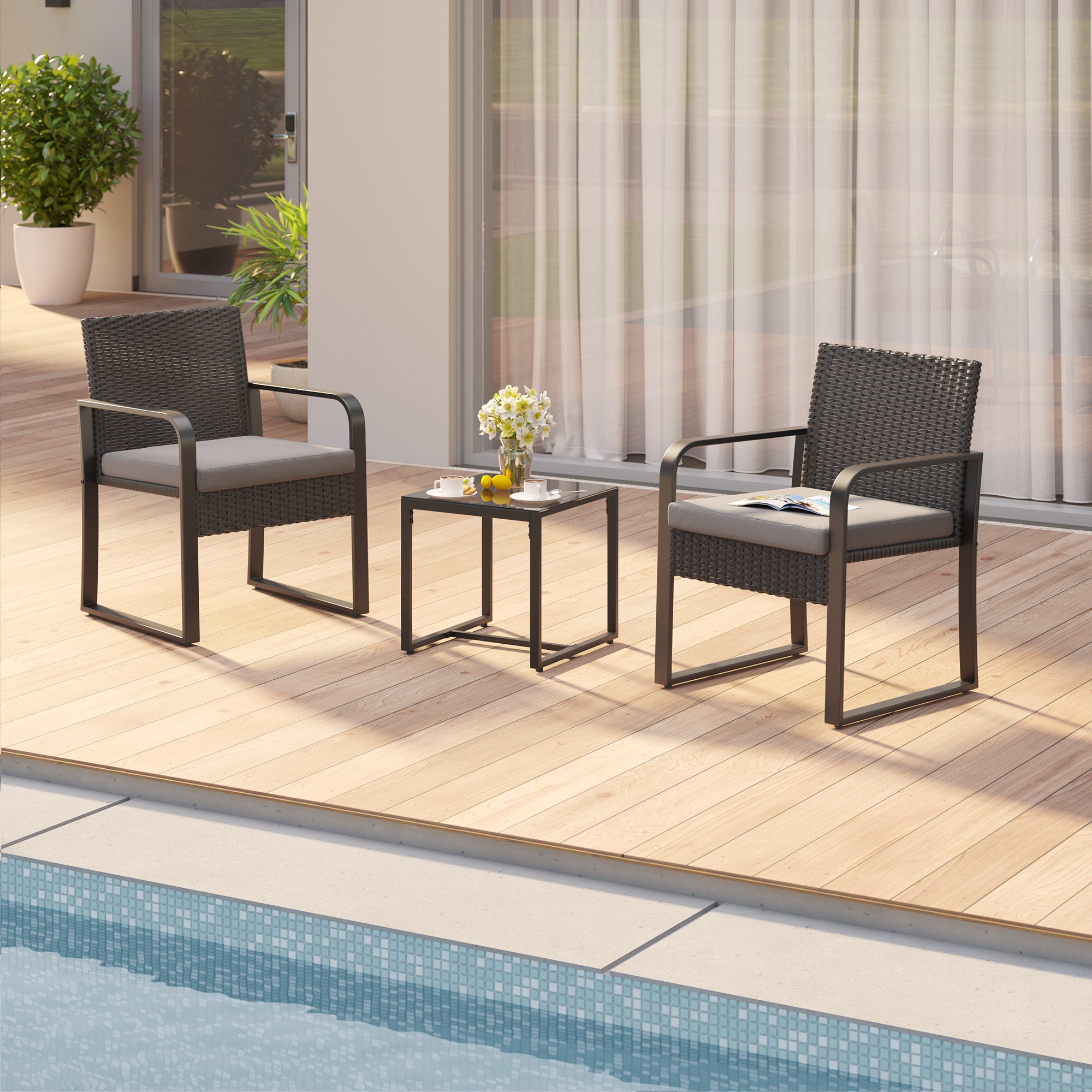 Gizoon 3 Piece Patio Bistro Set, Outdoor Wicker Furniture Sets, Modern Rattan Chair Conversation Sets with Coffee Table, for Yard, Garden, Balcony, Poolside