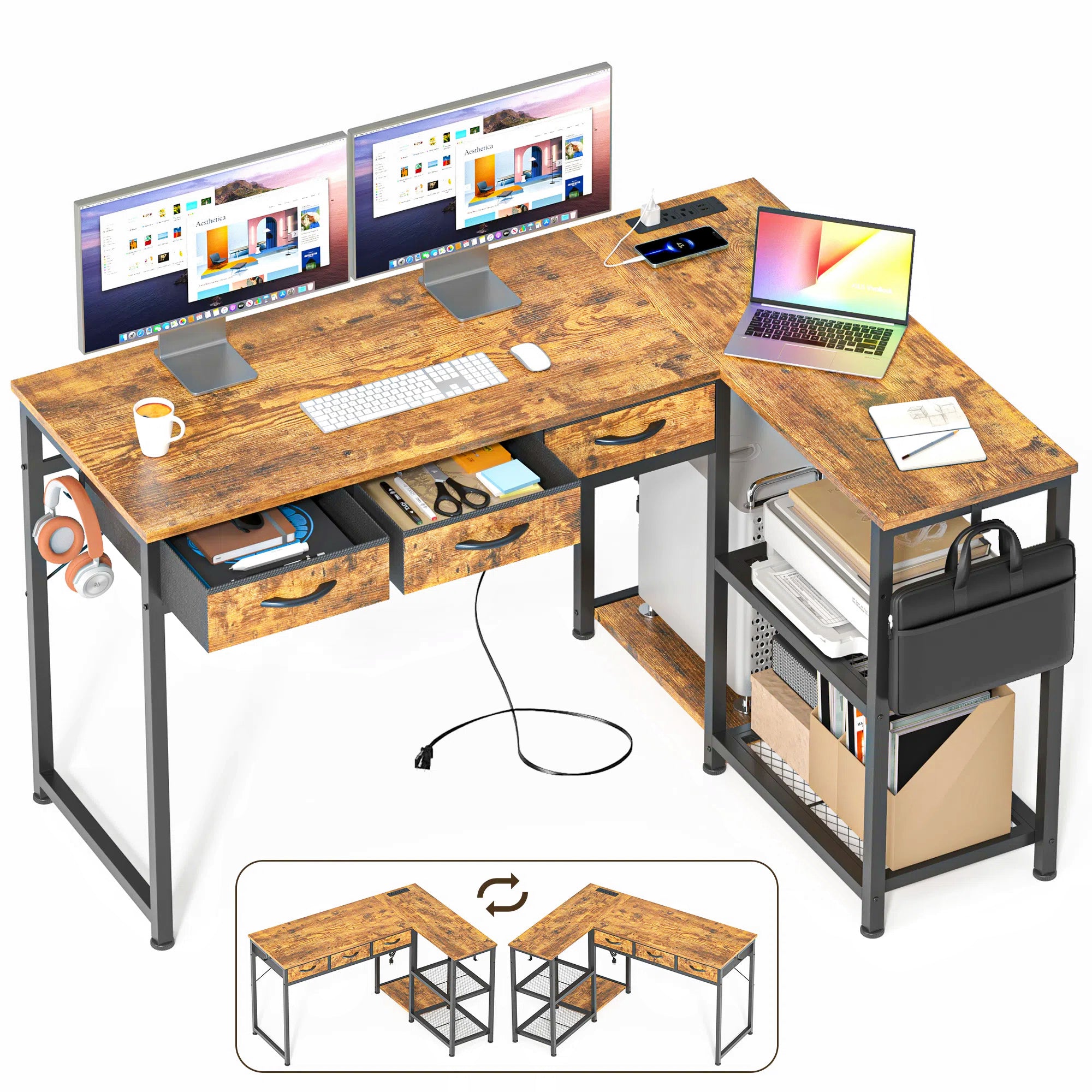 53 Inch L Shaped Desk with Drawer & Power Outlet – Gizoon