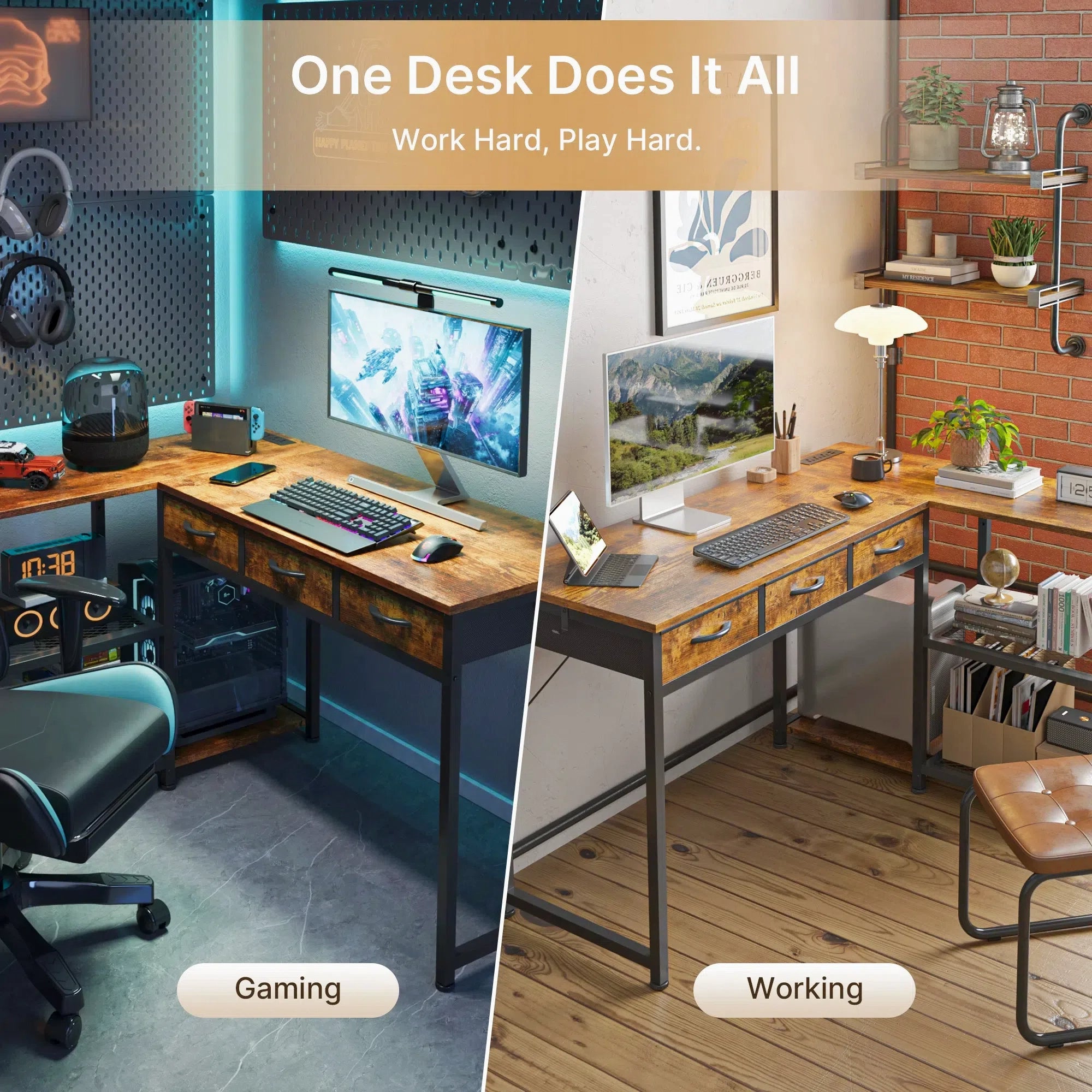 53 Inch L Shaped Desk with Drawer & Power Outlet – Gizoon