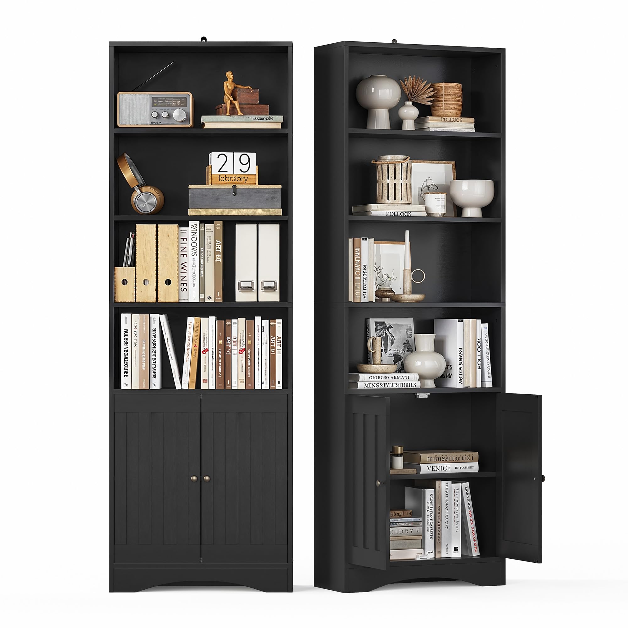Gizoon Bookshelves and Bookcases with Doors, 6-Shelf Bookcase, Floor Standing Display Storage Shelves, 71” Tall Bookcase, with Adjustable Shelves, for Home, Office, Living Room, Bedroom