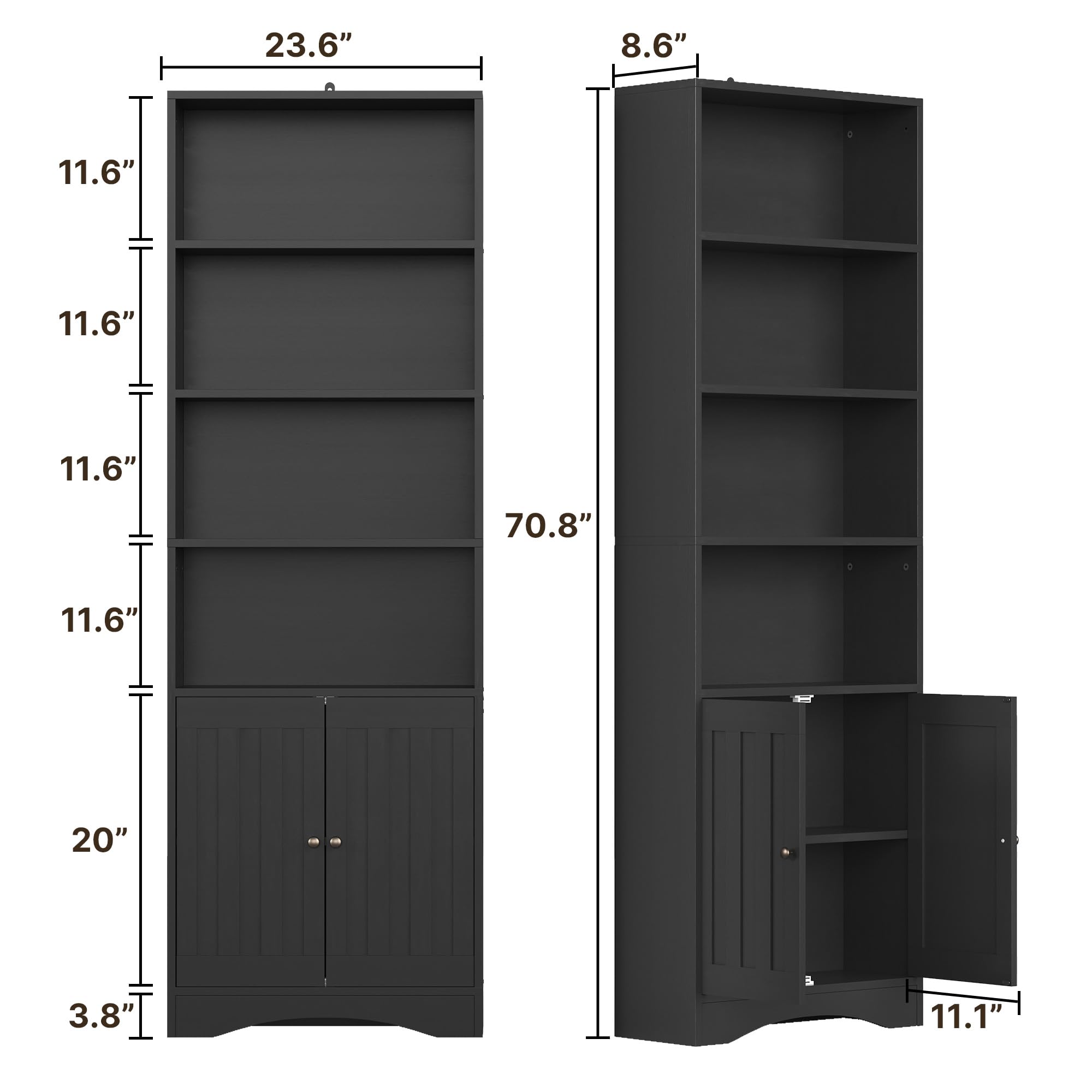 Gizoon Bookshelves and Bookcases with Doors, 6-Shelf Bookcase, Floor Standing Display Storage Shelves, 71” Tall Bookcase, with Adjustable Shelves, for Home, Office, Living Room, Bedroom