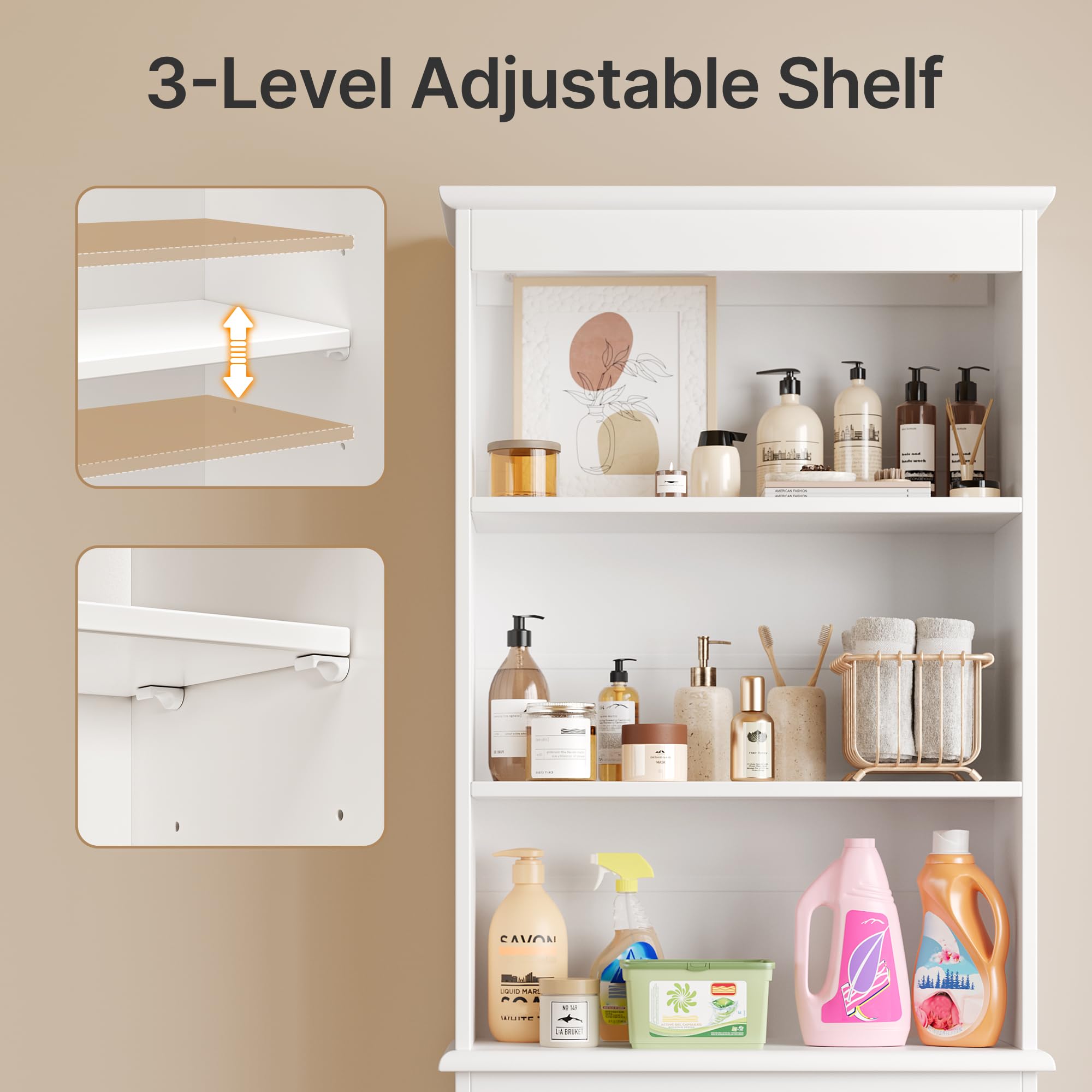 Gizoon Over The Toilet Storage Cabinet, Over Toilet Bathroom Organizer, Bathroom Storage Cabinet with Adjustable Shelf, Anti-Tip Device, Freestanding Space Saver Over The Toilet Shelf