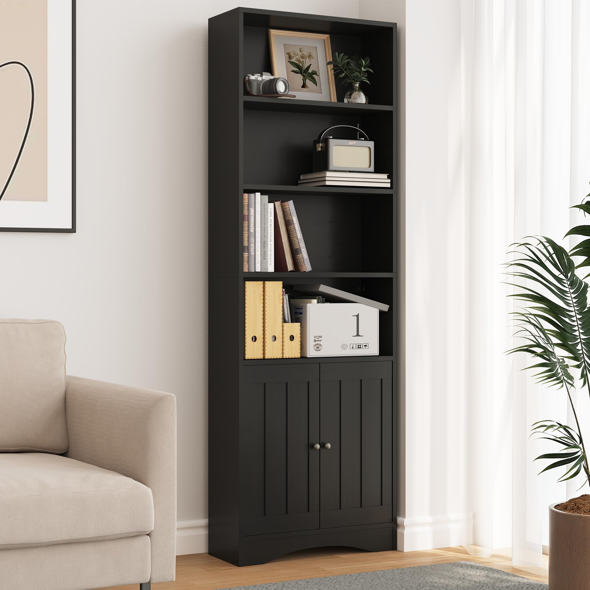 Gizoon Bookshelves and Bookcases with Doors, 6-Shelf Bookcase, Floor Standing Display Storage Shelves, 71” Tall Bookcase, with Adjustable Shelves, for Home, Office, Living Room, Bedroom