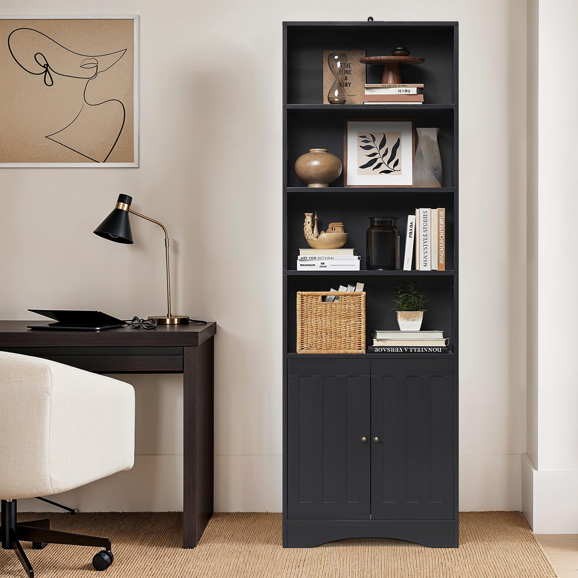 Gizoon Bookshelves and Bookcases with Doors, 6-Shelf Bookcase, Floor Standing Display Storage Shelves, 71” Tall Bookcase, with Adjustable Shelves, for Home, Office, Living Room, Bedroom
