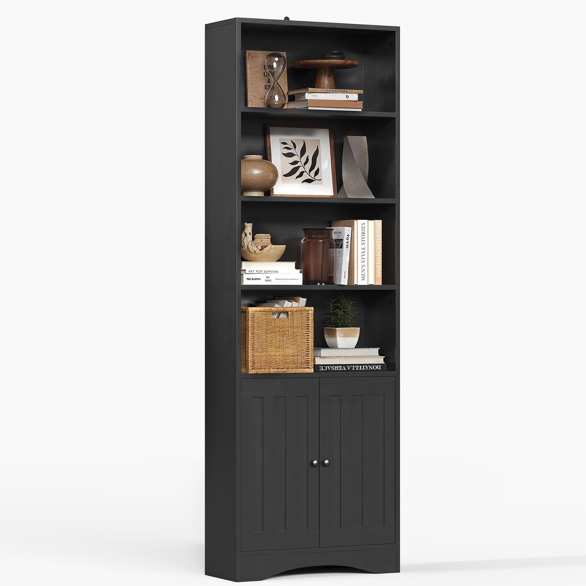 Gizoon Bookshelves and Bookcases with Doors, 6-Shelf Bookcase, Floor Standing Display Storage Shelves, 71” Tall Bookcase, with Adjustable Shelves, for Home, Office, Living Room, Bedroom